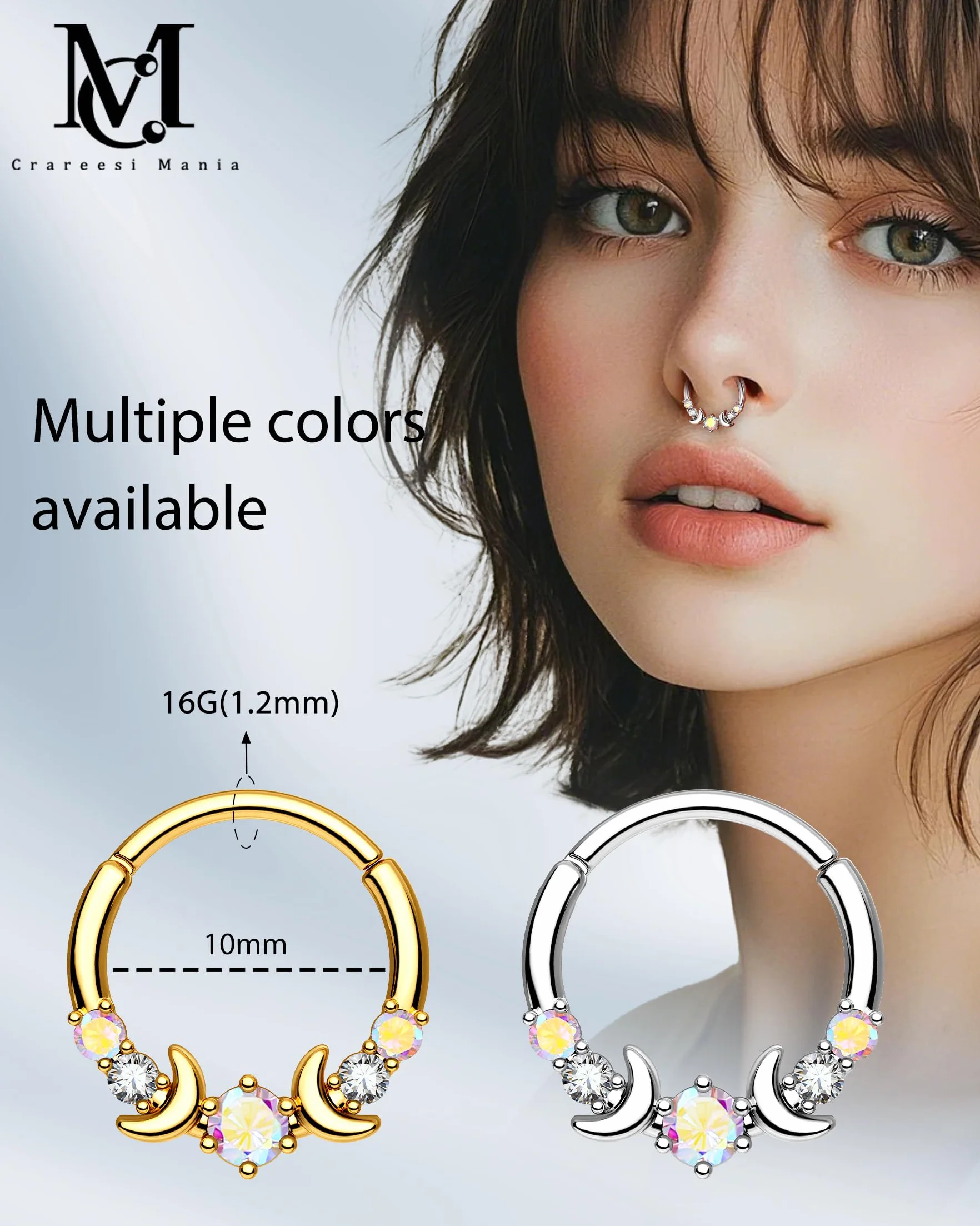 CM Crareesi Mania Faza księżyca, septum, stokrotka, helix, biżuteria, stal nierdzewna 316L, pierścionek do przegrody nosowej, srebrny, złoty, stokrotka, helix, kolczyki obręcz z przezroczystym
