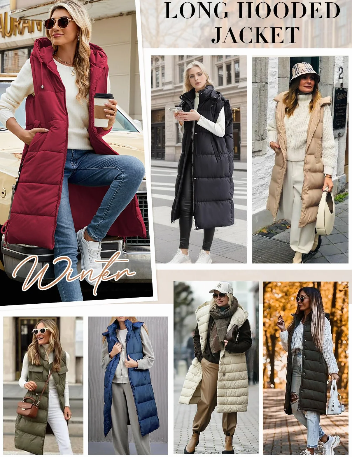 Tuopuda Długa kamizelka damska, zimowa kurtka puchowa z kapturem, płaszcz termiczny bez rękawów, pikowana kurtka z zamkiem błyskawicznym i kieszeniami