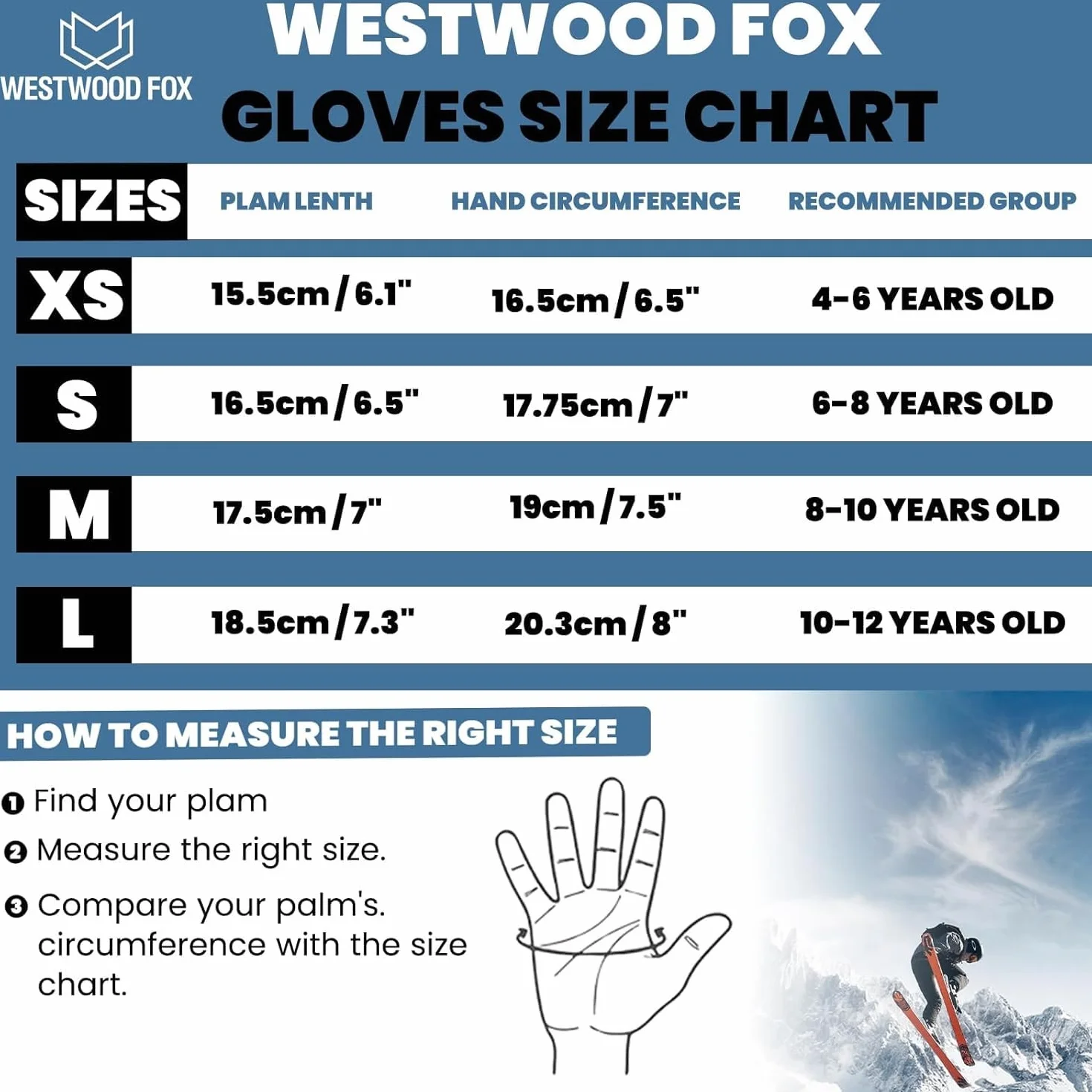 WESTWOOD FOX Dziecięce rękawiczki zimowe – wodoodporne, wiatroszczelne i izolowane termicznie rękawiczki dla chłopców i dziewcząt, antypoślizgowy uchwyt, kompatybilne z ekranem dotykowym, bieganie na