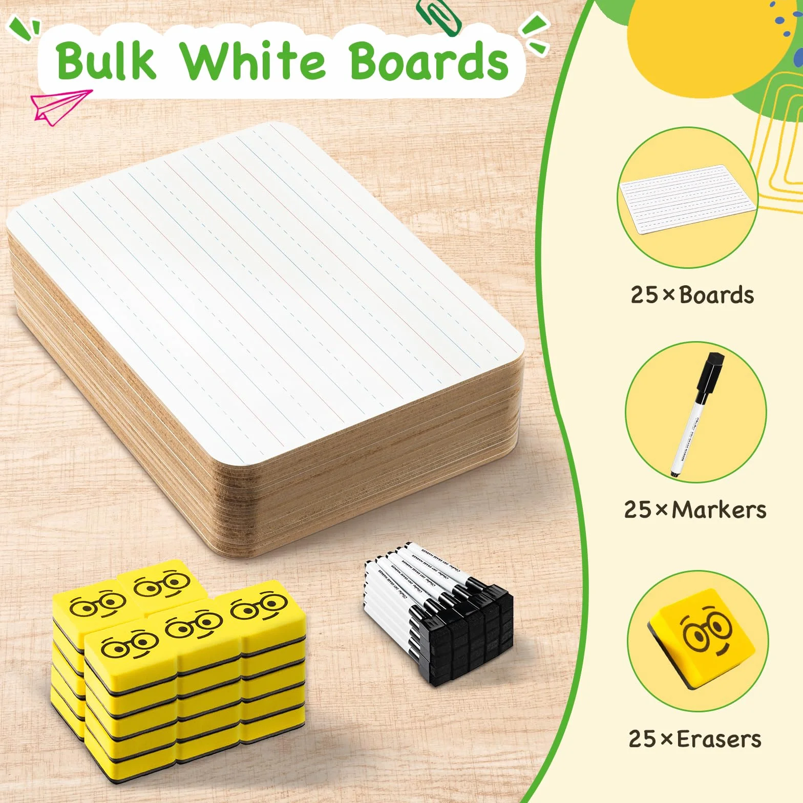 Ohuhu 25 sztuk mini suchościeralnych tablic A4, w linie/pusta tablica dwustronna, przenośna, mała biała tablica z długopisami, do rysowania, nauki, domu, szkoły, klasy, 22 x 30 cm