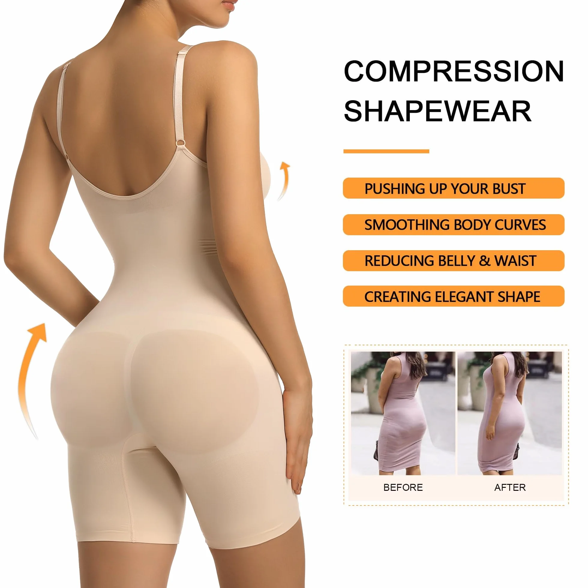 SHAPERX Bielizna modelująca dla kobiet, body wyszczuplające brzuch, ze zdejmowanymi wkładkami, podnoszące pośladki, szorty modelujące sylwetkę