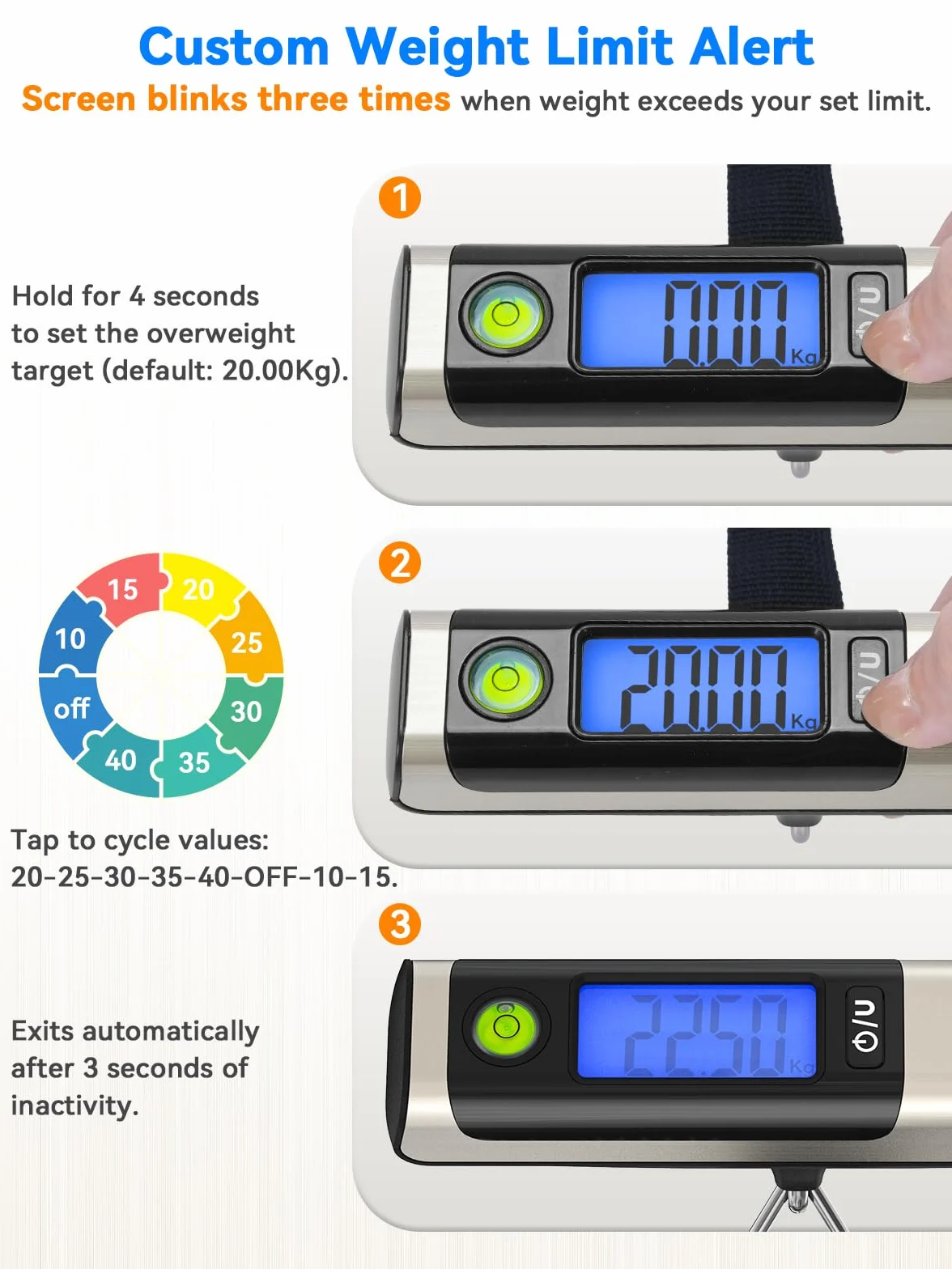 Dr.meter Waga podróżna z taśmą mierniczą, praktyczna cyfrowa waga bagażowa z hakiem (50 kg/110 lb) z wyświetlaczem LCD i ramieniem przeciążeniowym. Zintegrowana taśma miernicza do podróży wraz z