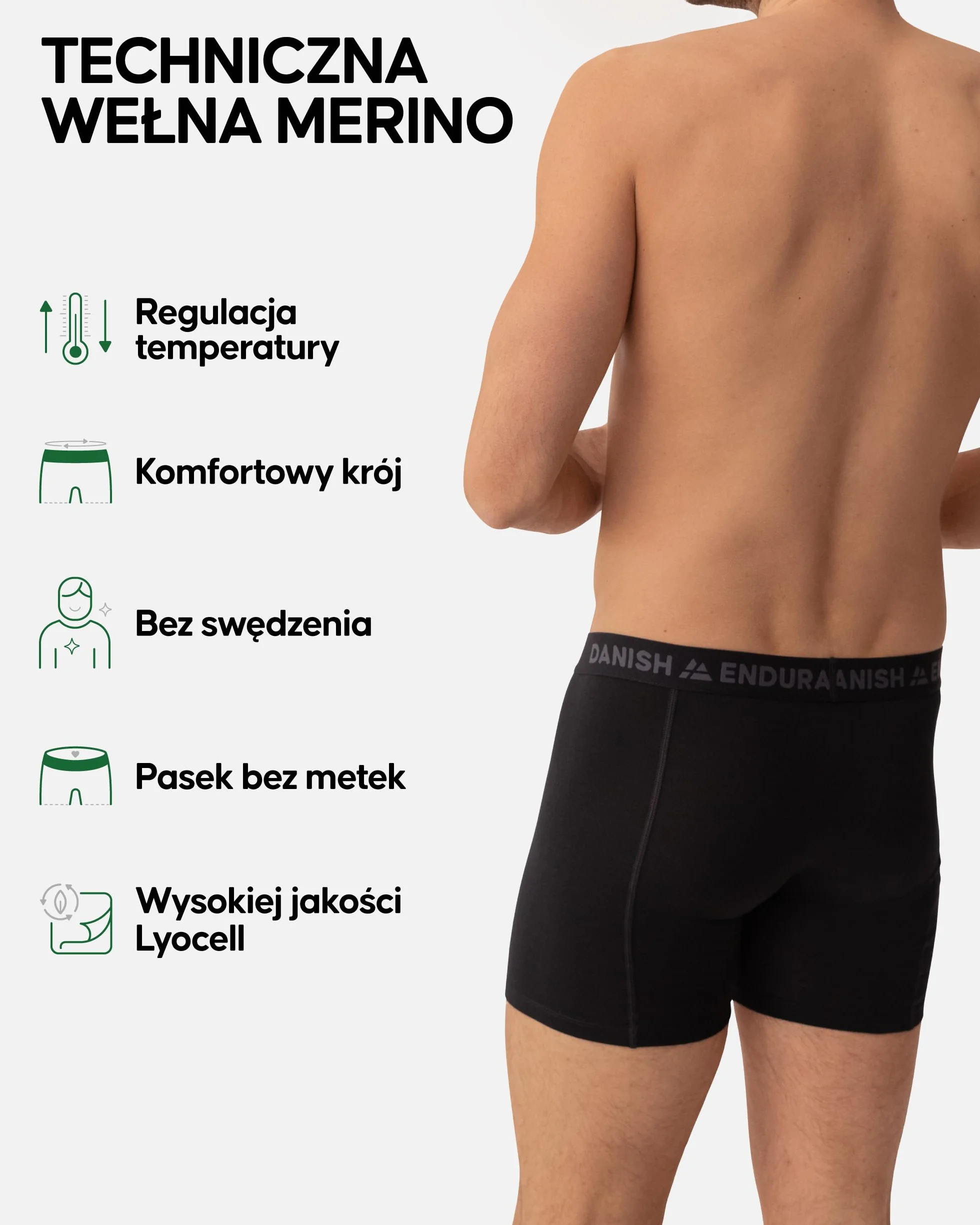 DANISH ENDURANCE Bokserki z Wełny Merino, Odprowadzające Pot Bokserki, Oddychająca Bielizna Męska, Lekkie, 1-Pak