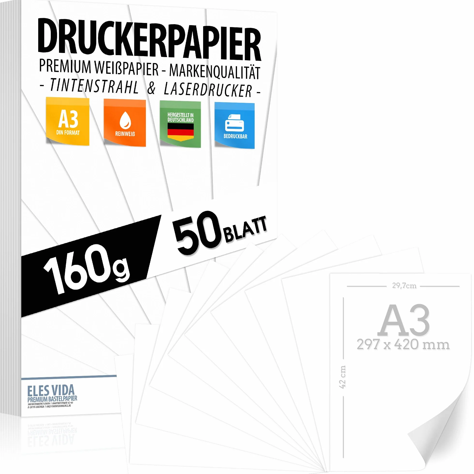 50 arkuszy białego papieru do drukarki A3 160 g biały – papier premium czysta biel - 29,7 x 42 cm - gruby papier rysunkowy, niezadrukowany, do fotografii, prezentacji, majsterkowania, wysokiej jakości