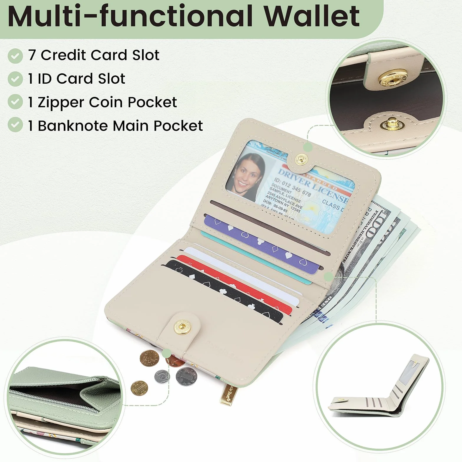 Pomelo Best Damski portfel mały z ochroną RFID, mini portfel z miękkiej skóry PU, stylowy design z nadrukiem, lekki i praktyczny na co dzień i w podróży, S, Minimalistyczny (Mintgrün)