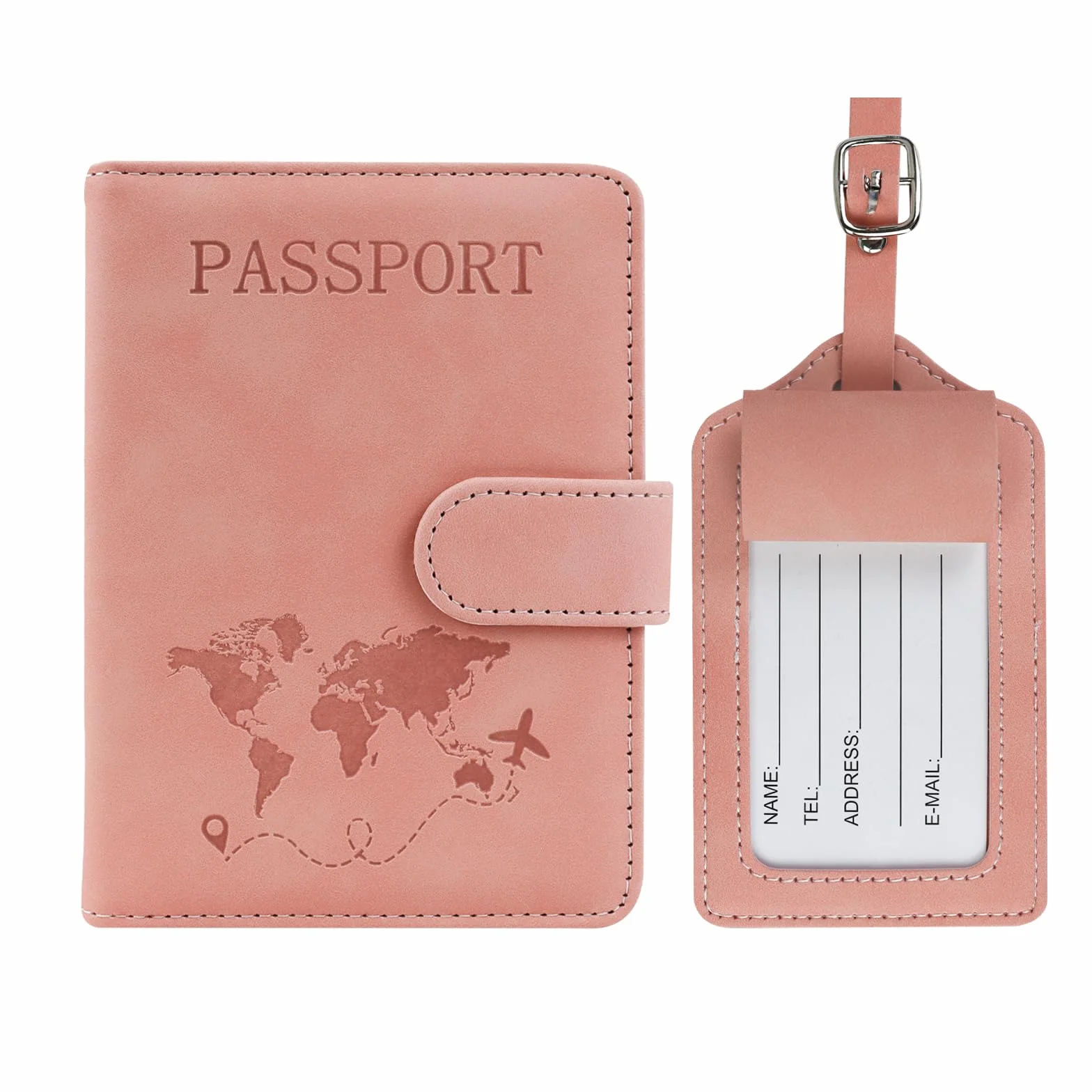 FuninCrea zestaw etui na paszport i zawieszka do walizki, etui na dokumenty ze sztucznej skóry z blokadą RFID, etui z wieloma przegródkami na paszport, wizytówki, karty kredytowe, Rosa, 11,5 x 15 cm