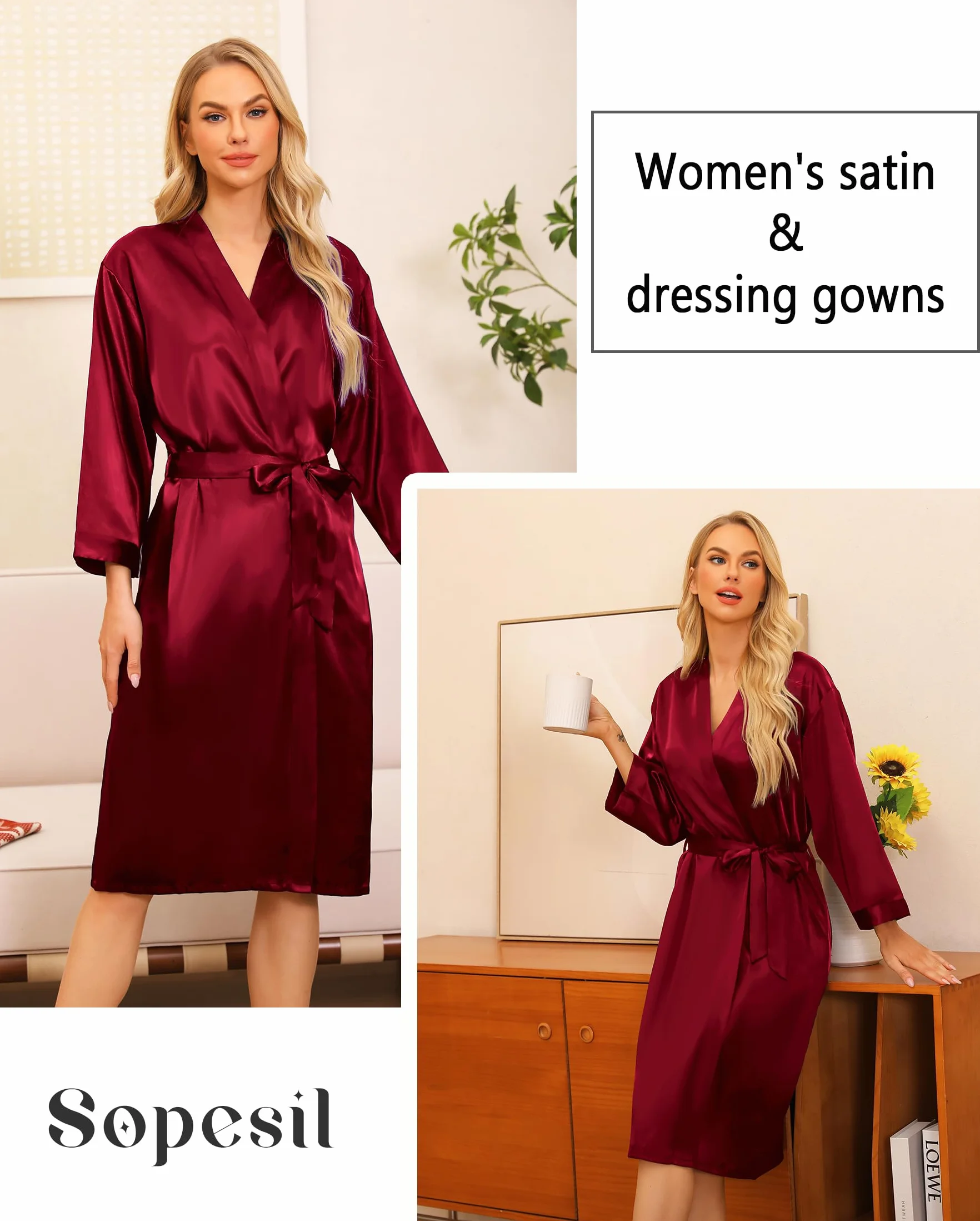 Sopesil Damskie satynowe szlafroki długie damskie kimono poranne szlafroki ślubne miękkie wesele impreza bielizna nocna dekolt w serek