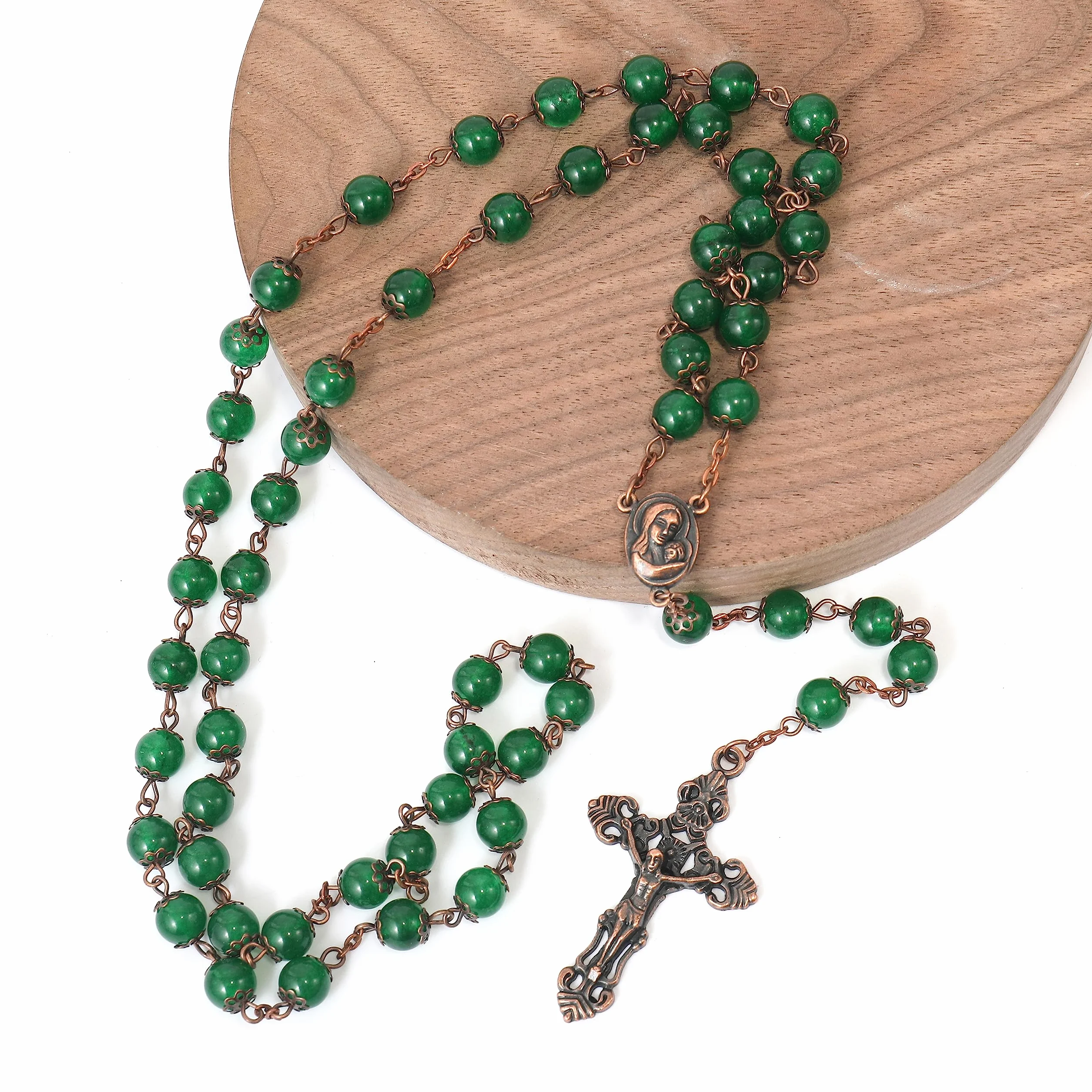 Vintage Design różaniec koraliki z kamienia naturalnego 8mm naszyjnik medal świętej ziemi i krzyż krucyfiks różańce religijne kolekcja Terra Santa Jerusalem