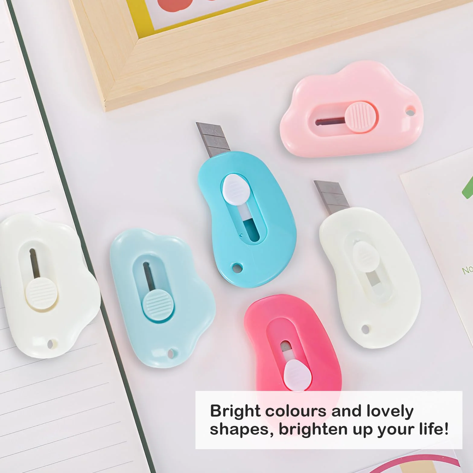 12 częściowy mini otwieracz do pudełek, KUAOOAUK Cute Box Cutter, noże artystyczne Cloud z otworem na brelok do cięcia papieru listowego otwieranie pudełek majsterkowanie rękodzieło biuro szkoła