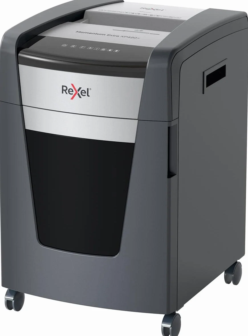 Rexel, Niszczarka do Papieru Rexel Momentum Extra XP420+, do Biura, Tnie na Konfetti do 21 kartek (80 gsm), Poziom Bezpieczeństwa P-4, Pojemnik na Ścinki: 60L, Technologia Zapobiegania Zacięciom