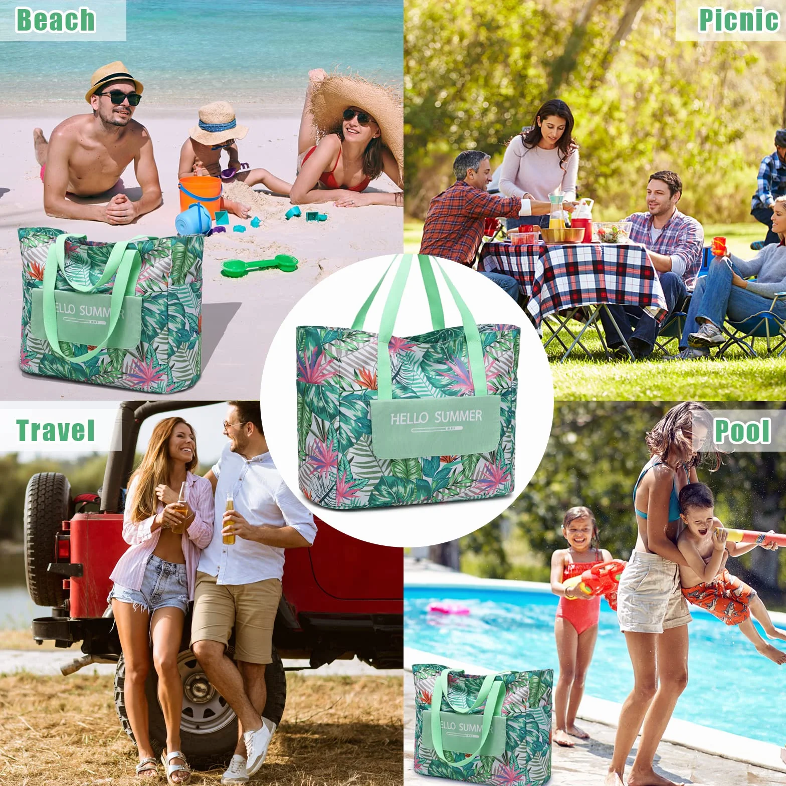 Myhozee Torba plażowa XXL, rodzinna torba kąpielowa, damska torba plażowa z zamkiem błyskawicznym, wodoszczelna, odporna na piasek, na basen, na plażę, piknik, podróż