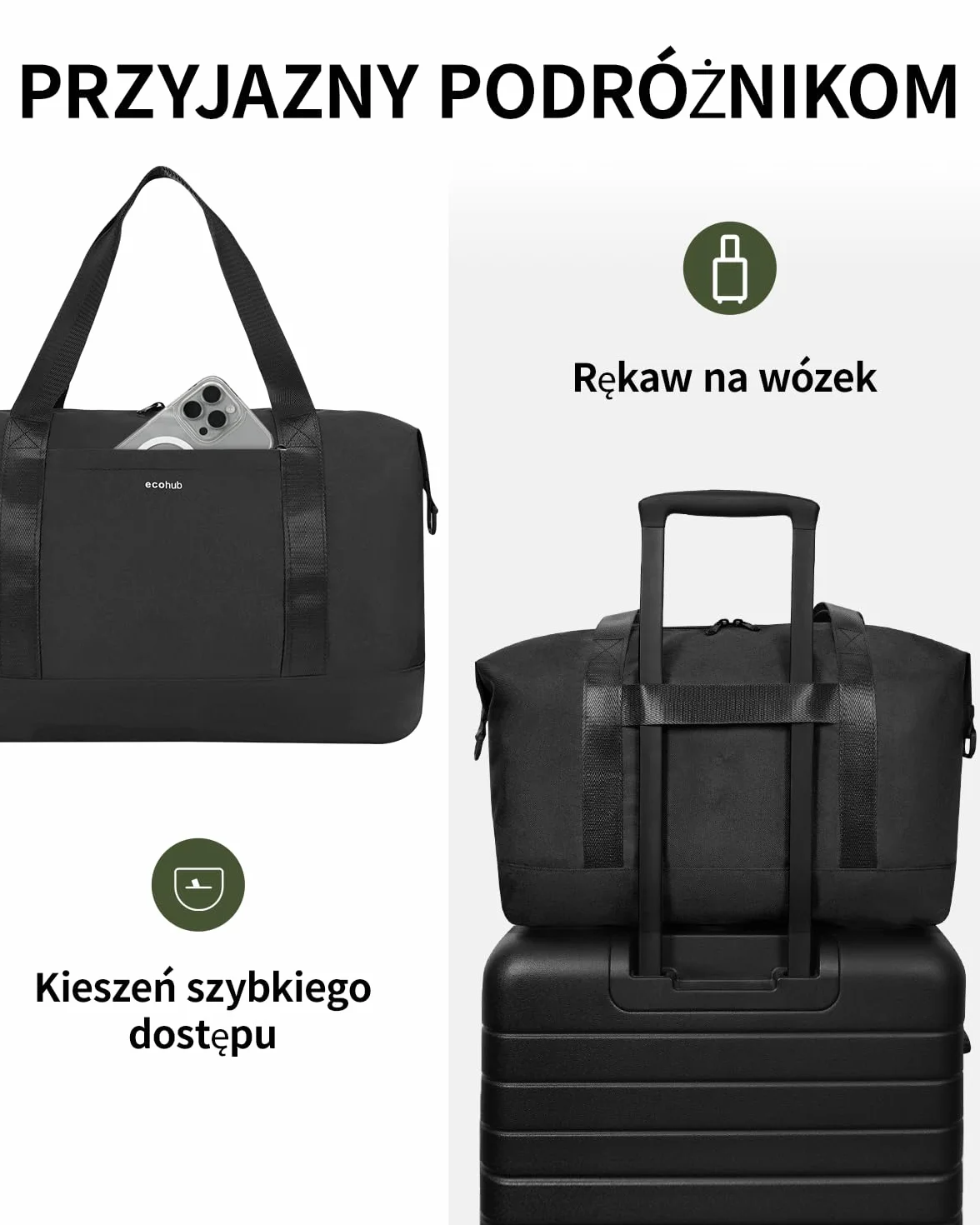ECOHUB składana Torba podróżna 40x20x25 cm, 20L Lekka Bagaż Podręczny do Samolotu, Torba Kabinowa Ryanair z Wyjmowaną Kieszenią na Mokre Rzeczy, Torba Sportowa PET z Recyklingu Damska Męska(Czarny)