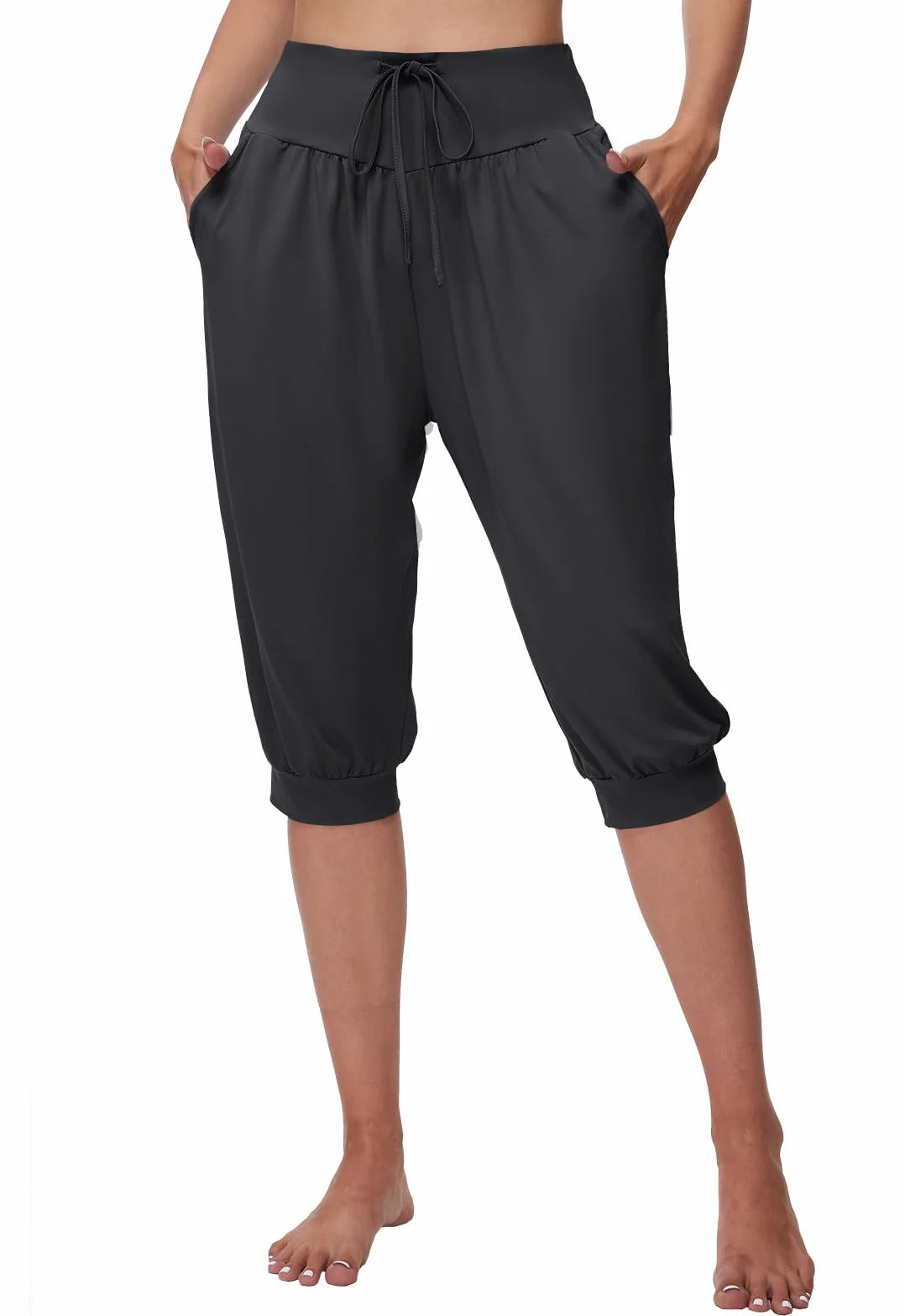 BATHRINS Damskie spodnie haremki 3/4 do jogi, spodnie do joggingu, spodnie capri, letnie spodnie do pilatesu, lekkie spodnie sportowe z kieszeniami, sznurek