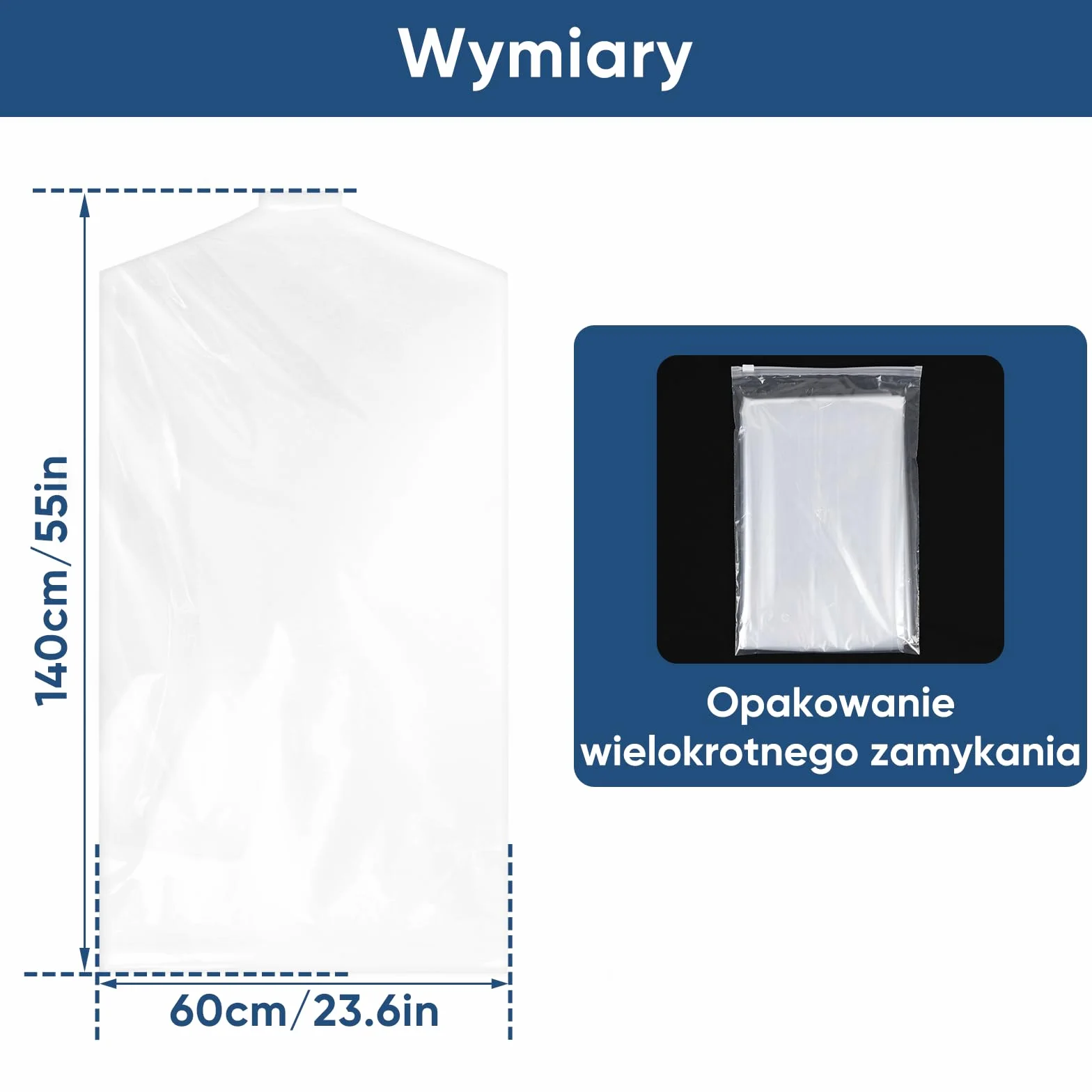 50 szt. przezroczystych pokrowców na ubrania 60 × 140 cm, grube plastikowe pokrowce ochronne na sukienki, garnitury i płaszcze, odporne na kurz i wilgoć