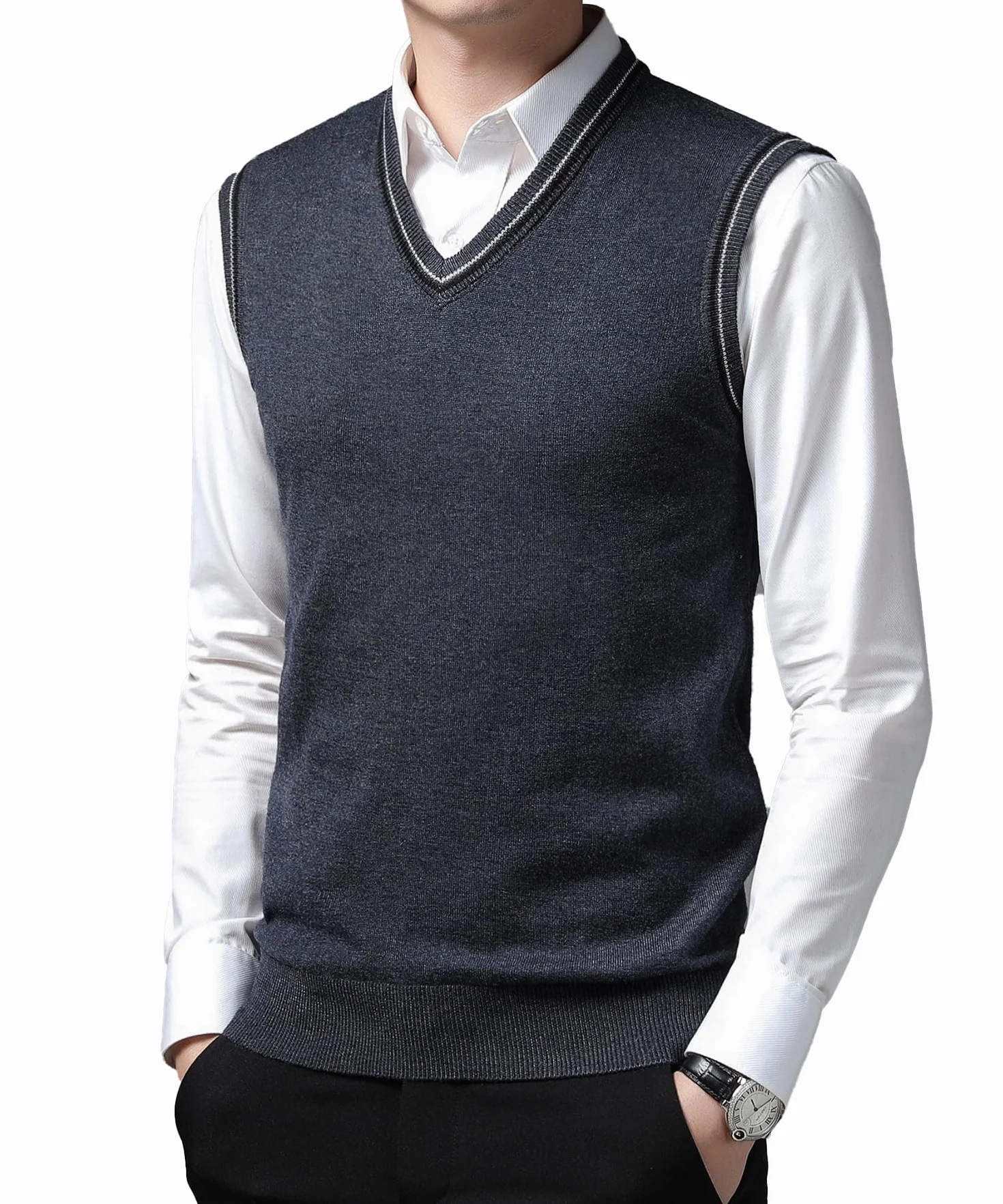 Męski sweter bez rękawów z dekoltem w serek kamizelka z dzianiny odzież wierzchnia kamizelka klasyczna biznesowa dzianina slipover sweter tank topy, ciemnoszary, XL
