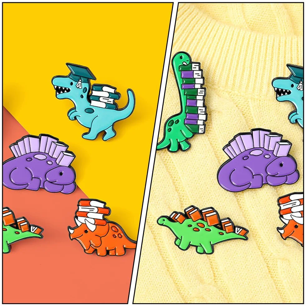 Happyyami 5 szt. kreskówkowa broszka przypinka dinozaur dinozaur z książką, odznaka, ubrania, torby, plecaki, klapy, przypinki, dla kobiet, dziewcząt, odzież, dekoracja,, 3.3x2.8cm, Metal