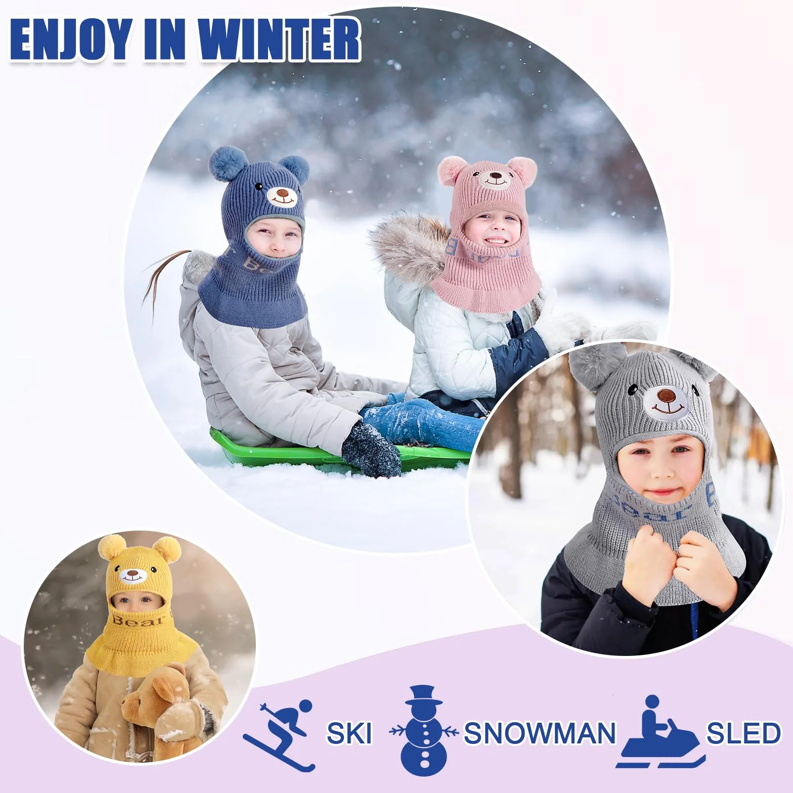 Dziecięca czapka dla dziewcząt i chłopców, ciepła czapka z podszewką polarową, urocza, wiatroszczelna, z pomponem, beanie, szal