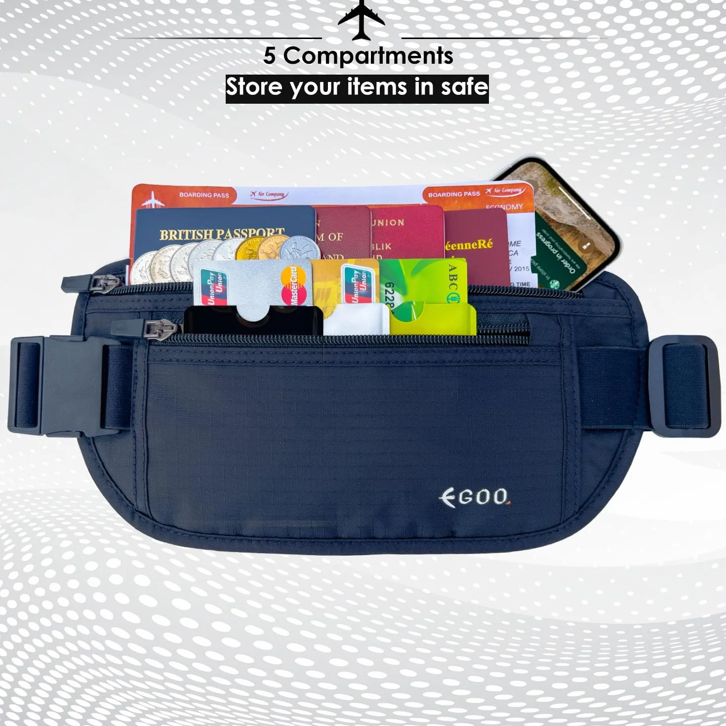 EGOO Ultralekki pasek na pieniądze RFID z regulowanym elastycznym paskiem do podróży, ukryta saszetka na pieniądze z wieloma kieszeniami + 3 etui ochronne na karty RFID, Czarny, Jeden rozmiar,