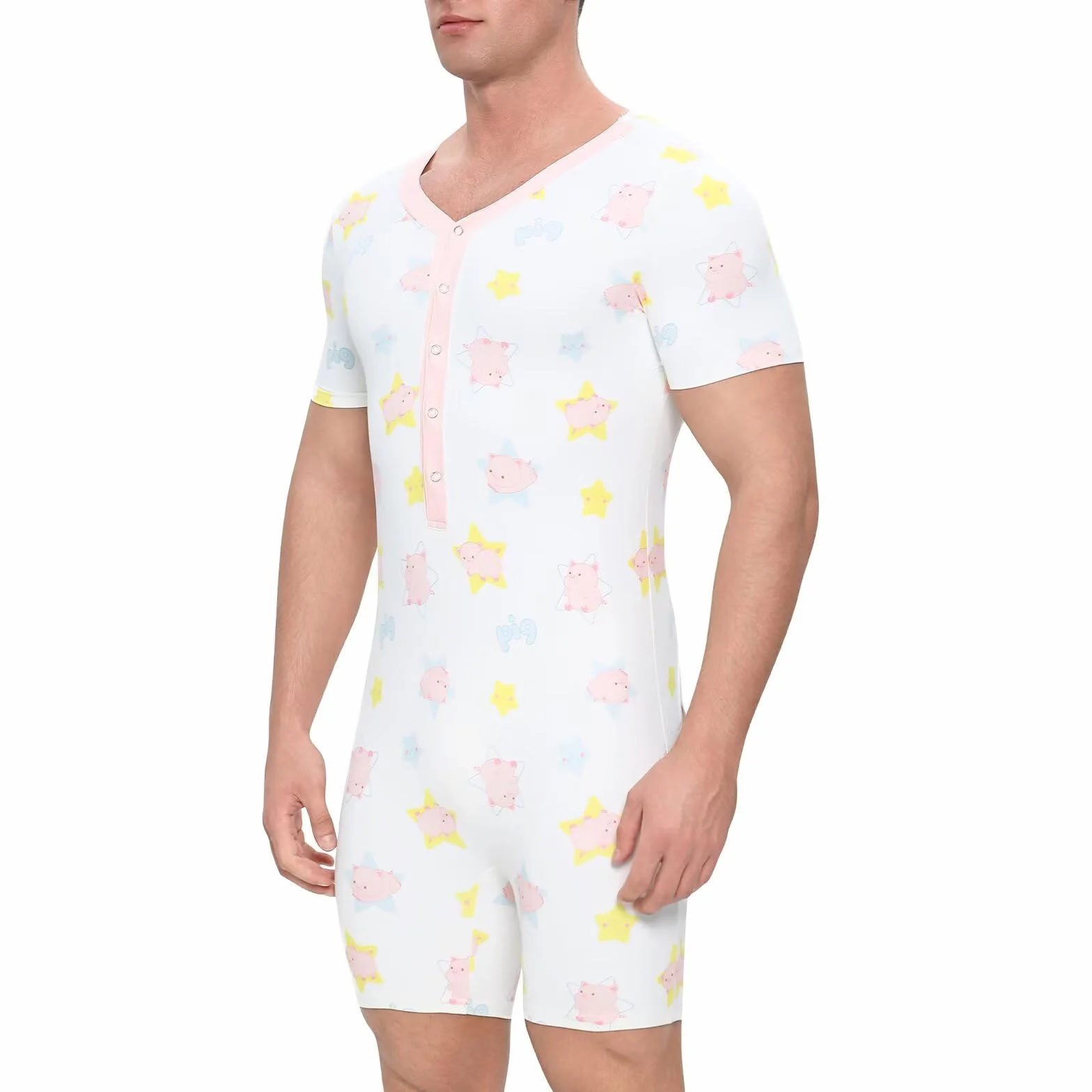 Landofgenie Body Męskie z Krótkimi Rękawami – Projekt Boxerski, Rząd Guzików i Bezplecy Onesie Pizama
