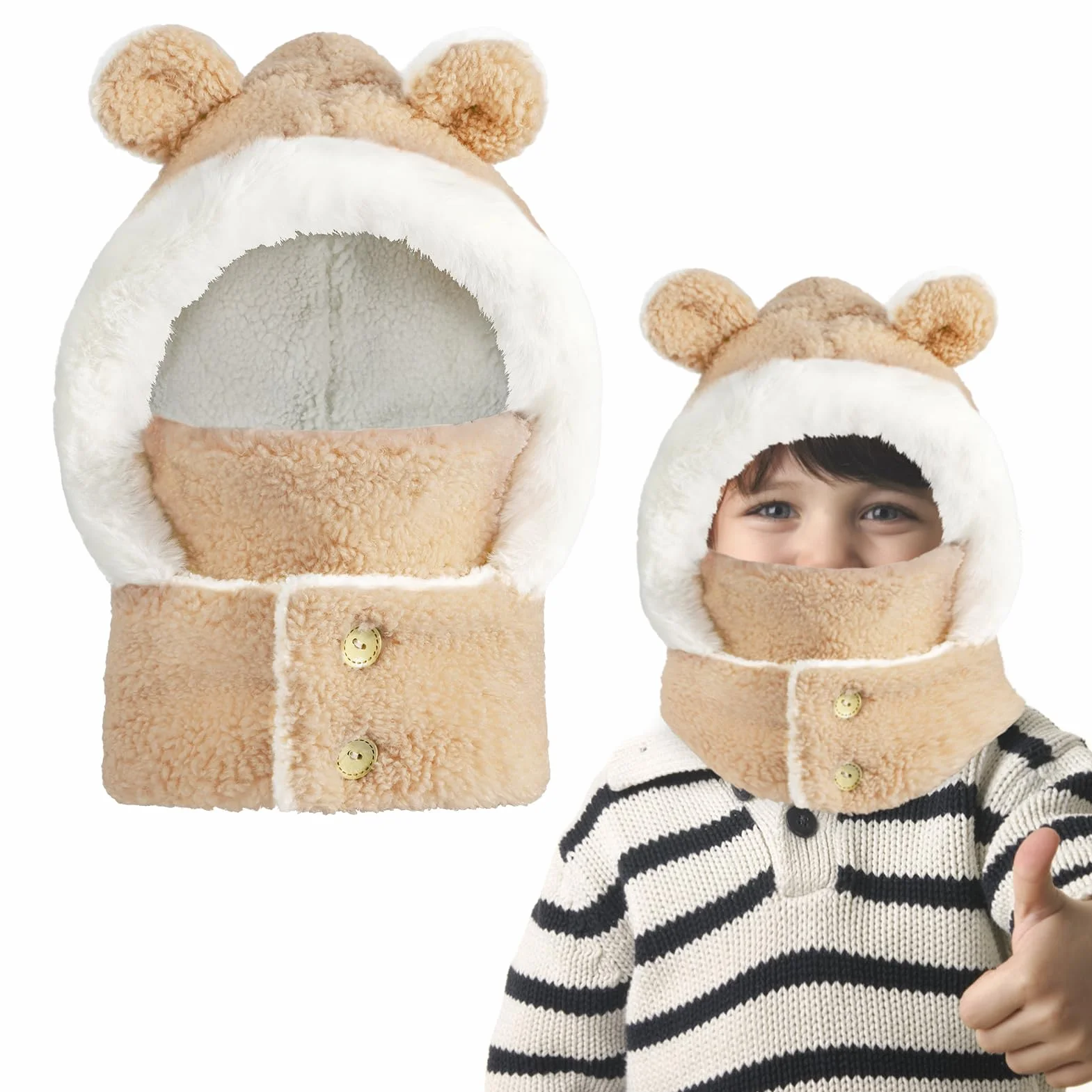 Zimowa dziecięca kominiarka, termiczna polarowa czapka dziecięca z odpinaną maską na twarz, unisex, ciepła, wiatroszczelna czapka z kapturem z miękką pluszową podszewką, czapka z uszami,
