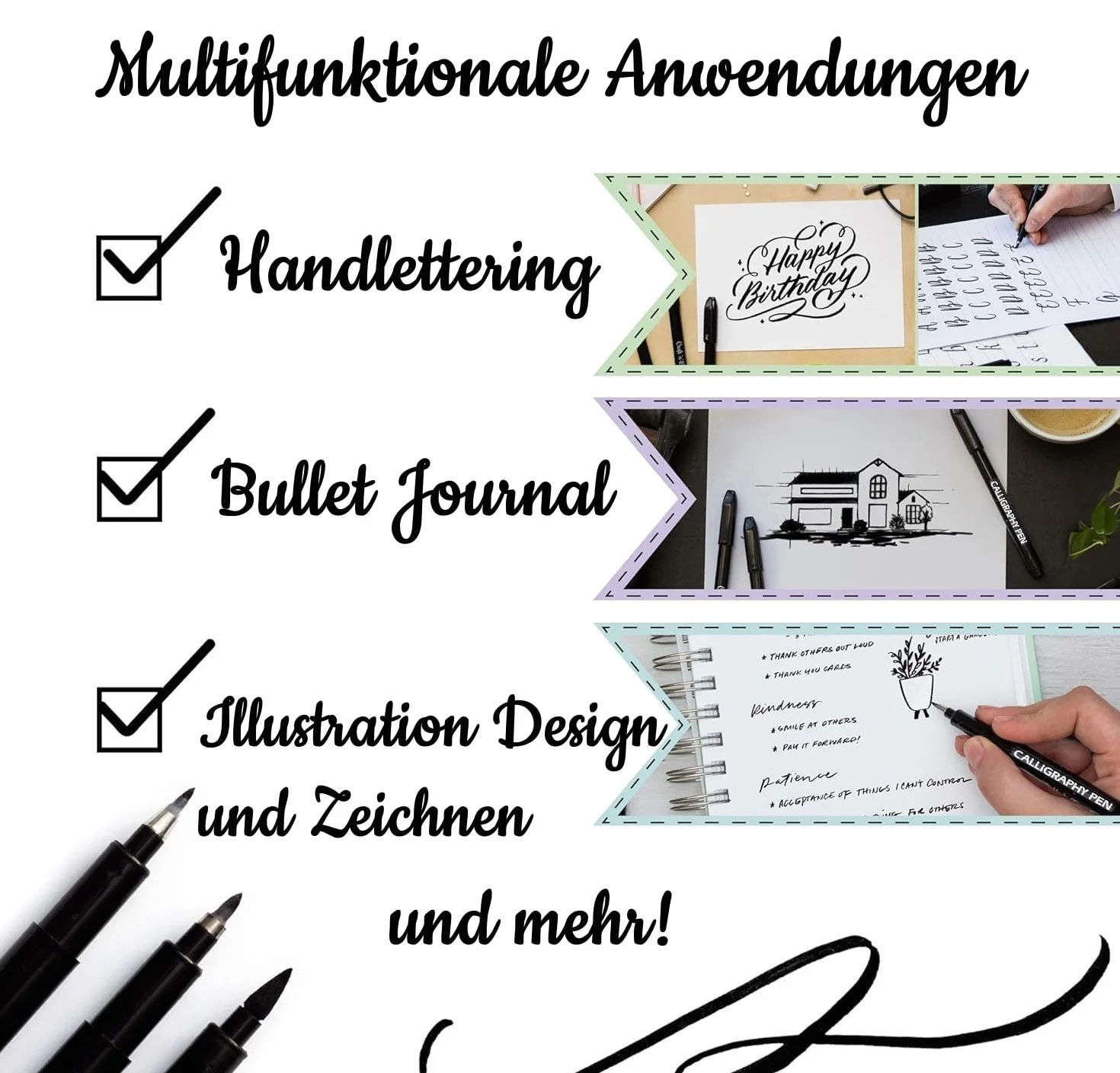 Pióra do kaligrafii, 6 sztuk, szybkoschnące, 4 rozmiary, czarne pisaki do ręcznego pisania, dla początkujących, Bullet Journal Diary