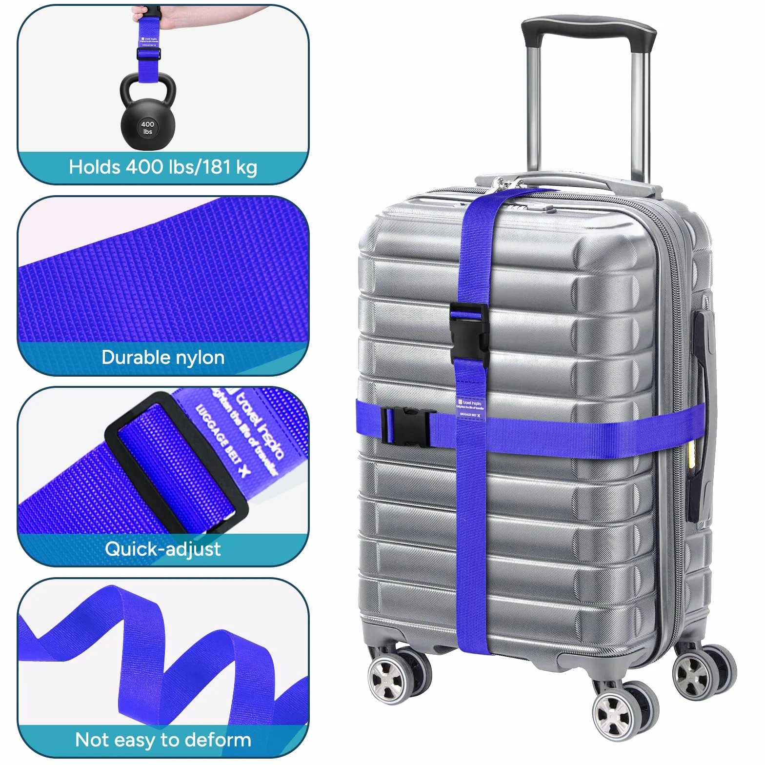 travel inspira paski do walizek, 2 sztuki, 104–195 cm, regulowane paski na walizki, efektowne paski na walizki do identyfikacji – paski na walizki do walizek podróżnych 20"–32" (niebieskie)