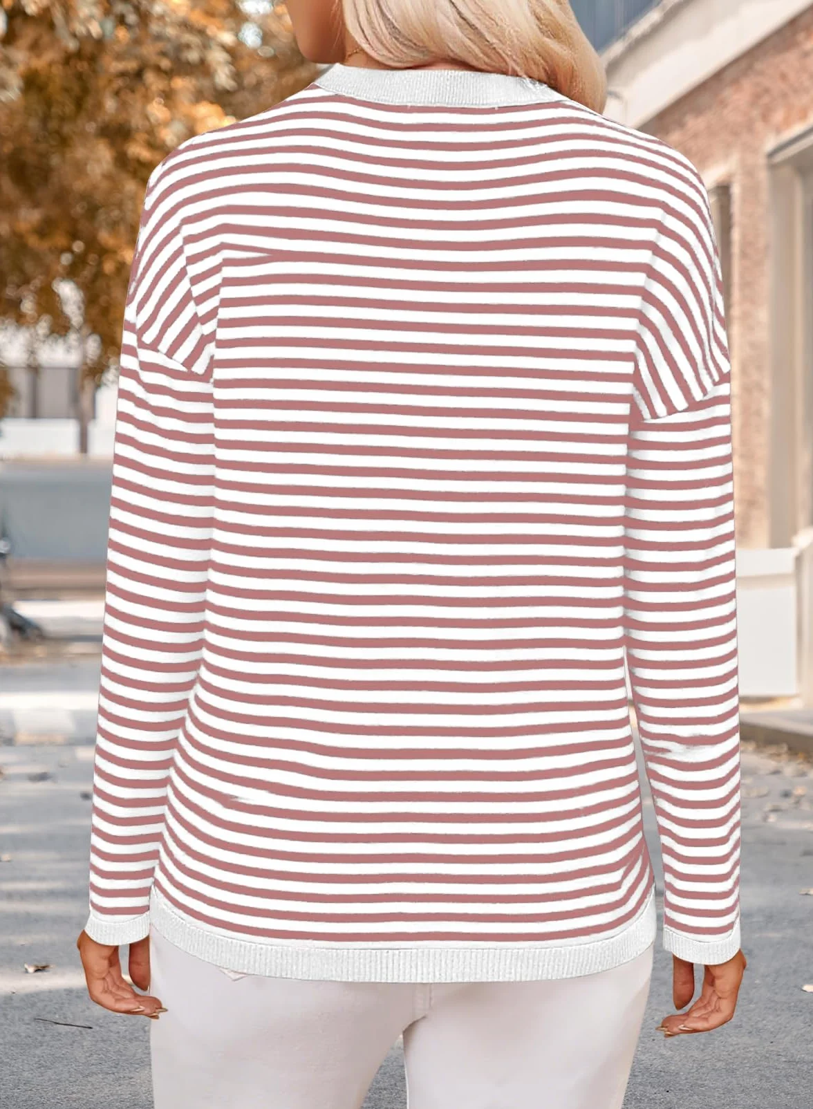 Cuptacc Sweter Damski w Paski, Bluza z Długim Rękawem, Okrągły Dekolt, Bawełna, Na Co Dzień, Z Dzianiny
