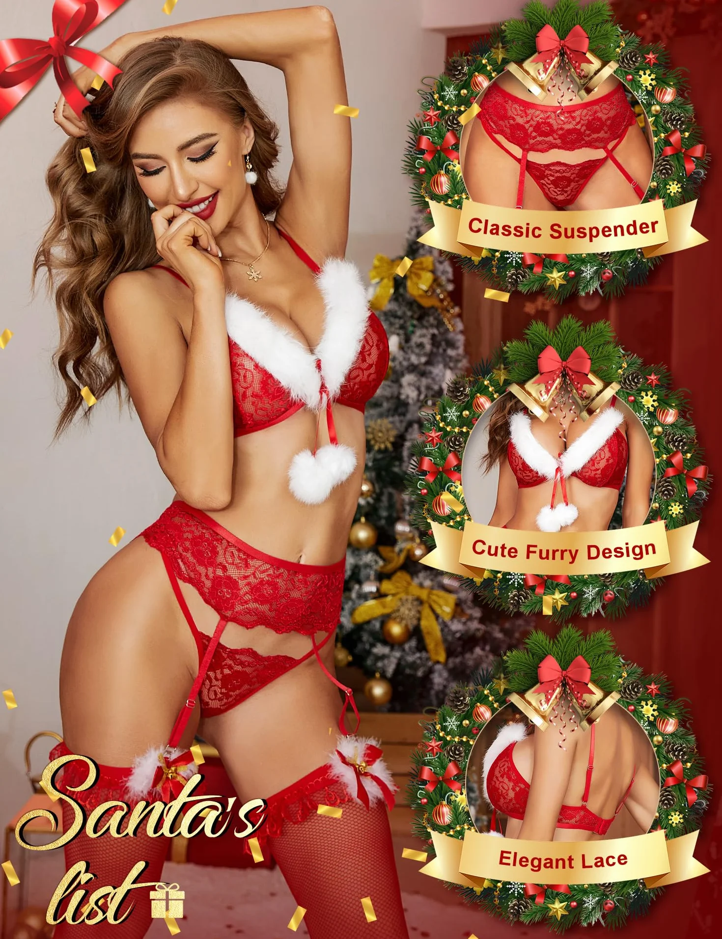 RSLOVE Damski zestaw bielizny bożonarodzeniowej, koronkowy Santa Babydoll z paskiem do pończoch, 3-częściowy