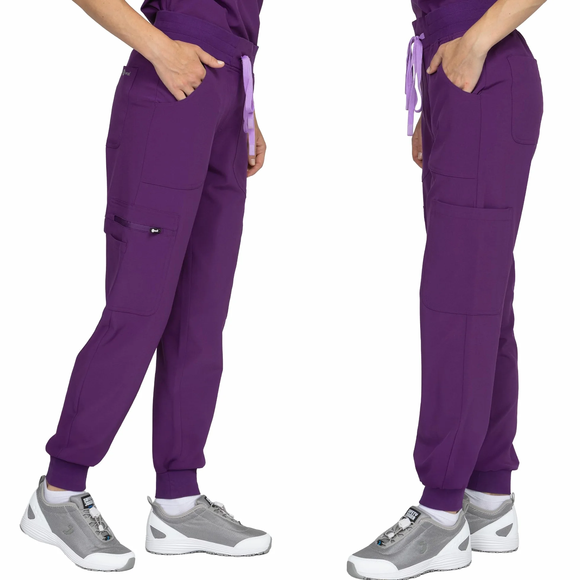 B-well Naomi Damen-Schrubb-Set Schlupfkasack + Schlupfhose Set Medizin Arzt Uniform Schlupfjacke Oberteil mit Hose Medizinische Berufsbekleidung mit Elastan (Aubergine, XL)