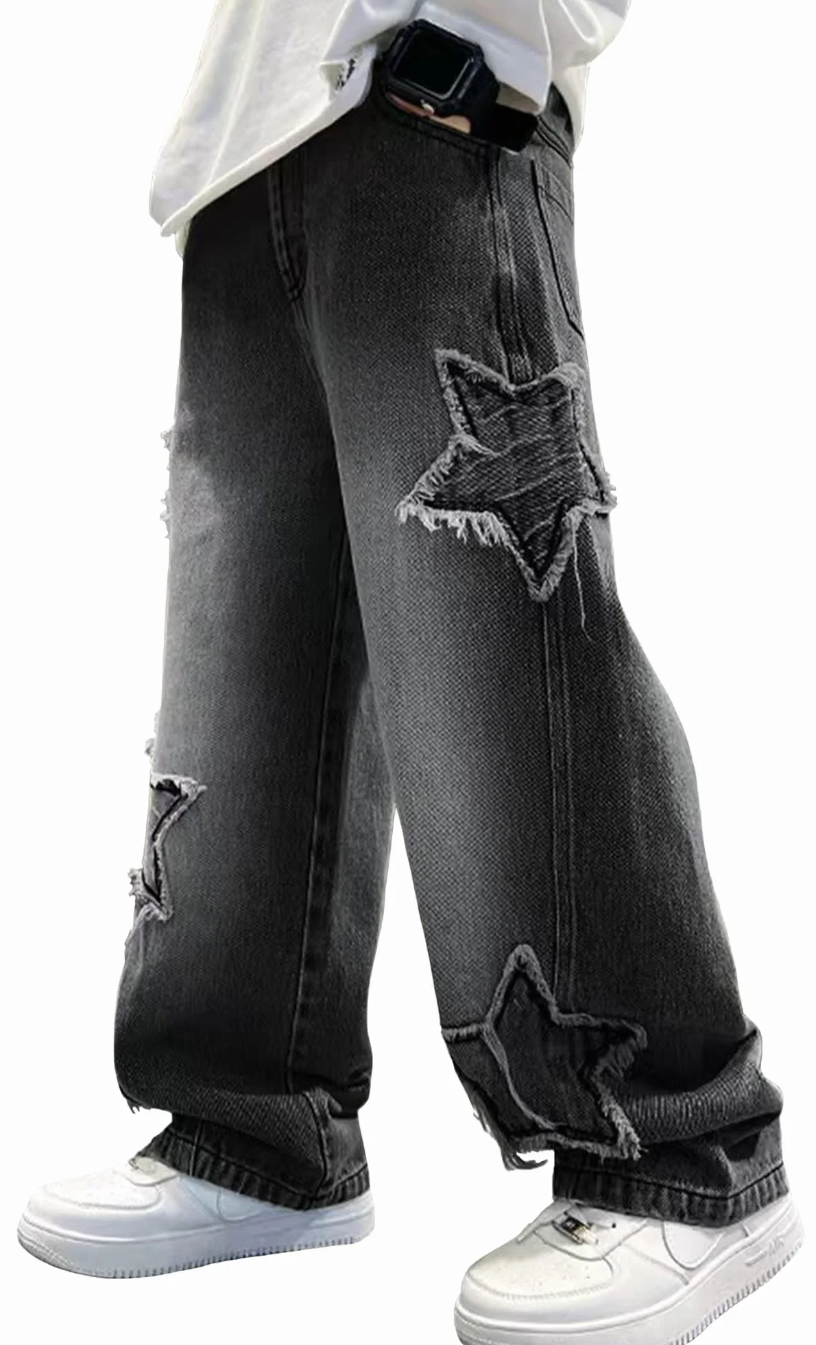 Happy Cherry - Baggy Jeans chłopięce spodnie dżinsowe dla nastolatków szerokie nogawki Vintage Streetstyle dzieci 5-14 lat z elastycznym ściągaczem na wiosnę, lato, jesień i zimę - 110-170