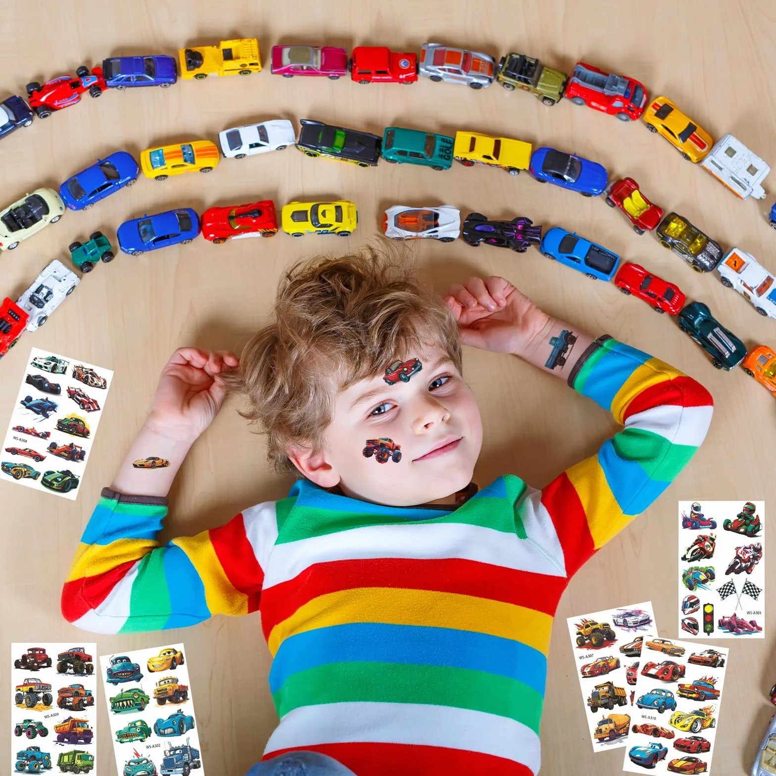 Qpout 90 sztuk tymczasowe tatuaże wyścigowe i monster trucki dla dzieci, koła fałszywe naklejki tatuażowe dla chłopców, wyścigowe przybory do urodzin, prezenty dla gości, dekoracje