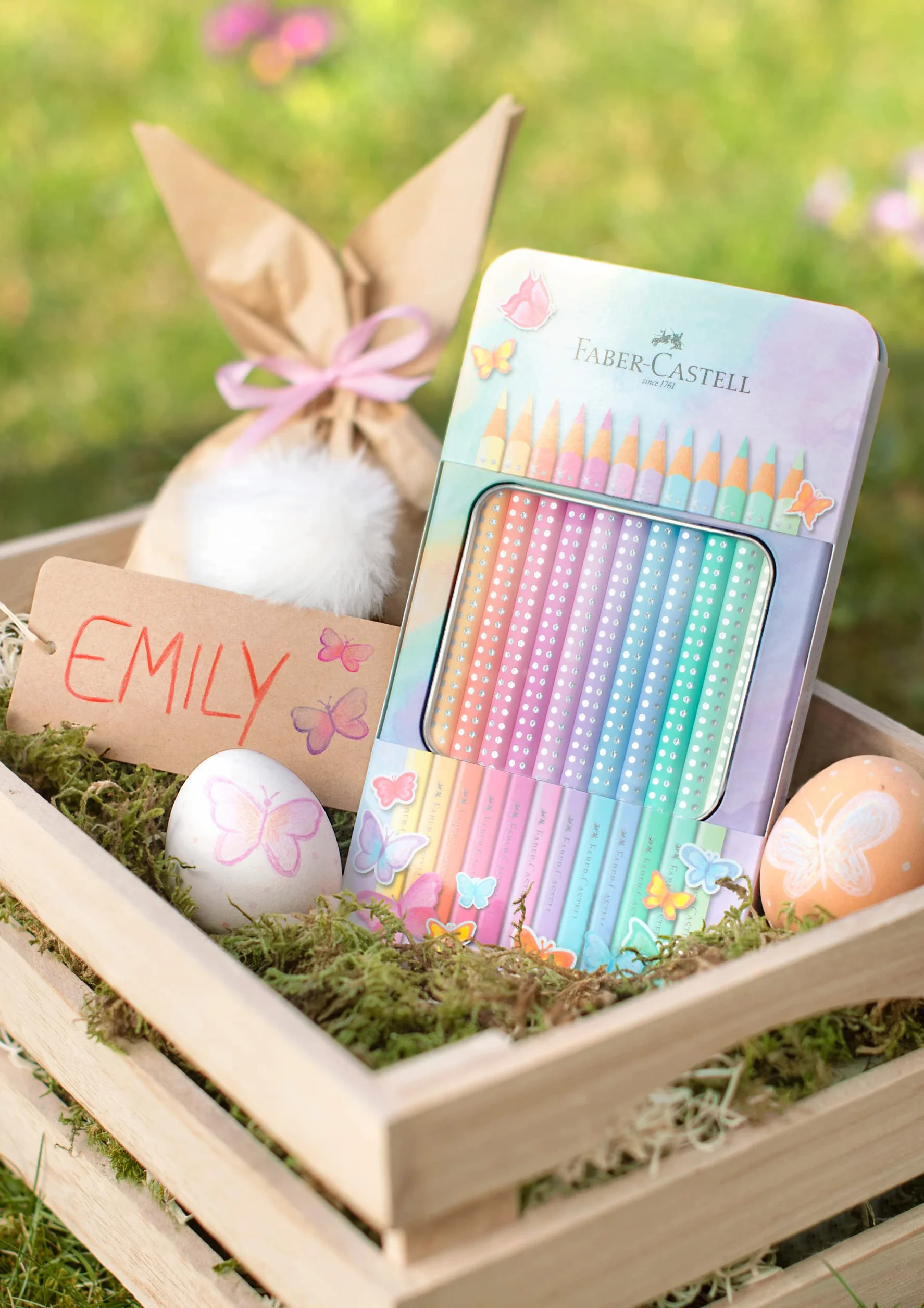 FABER-CASTELL 201910 – zestaw kredek Sparkle Pastel, 12 sztuk, w metalowym etui, trójkątne, odporne na złamania