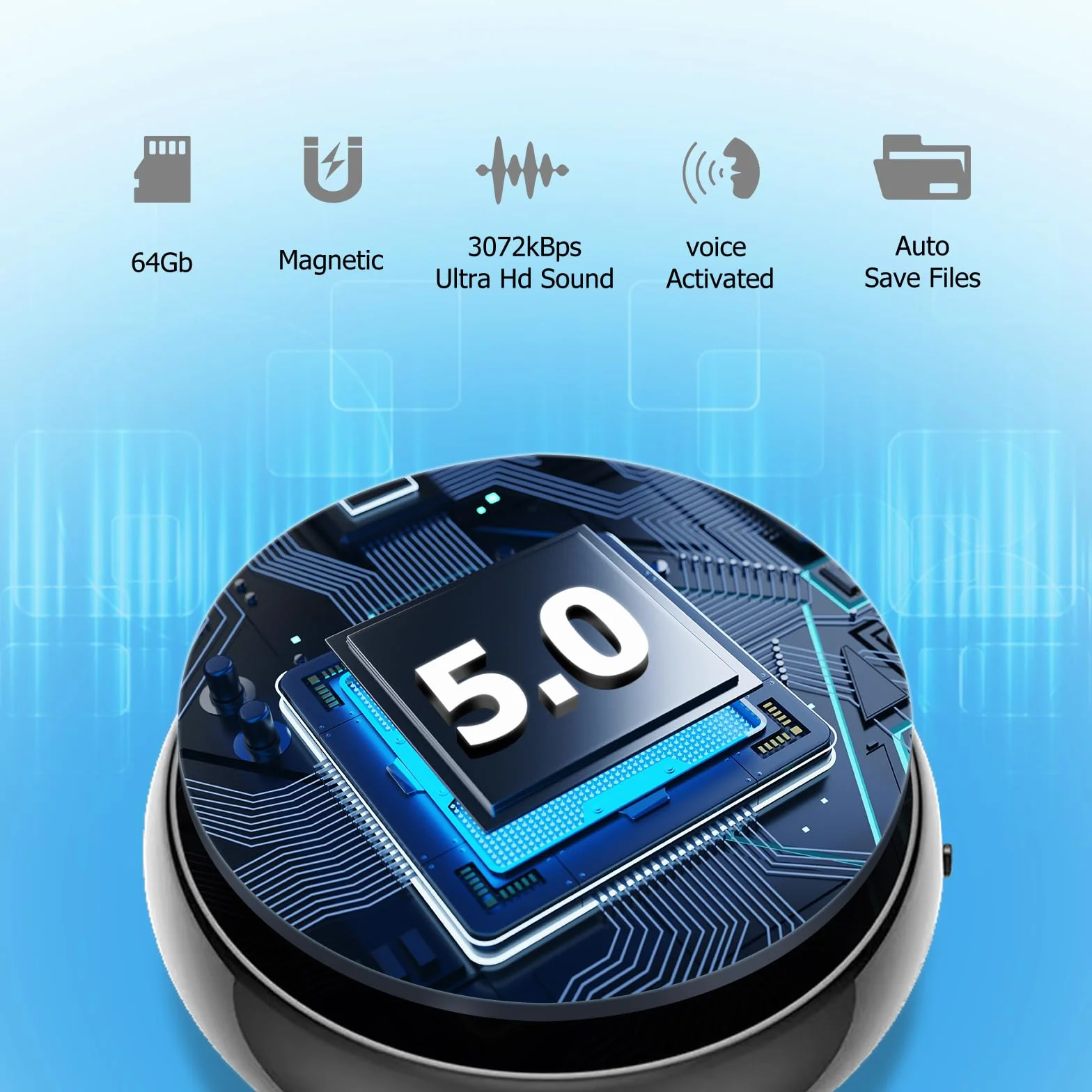 Hinne Mini dyktafon 64 GB, aktywacja głosem, nagrywanie ciągłe 800 godzin, interfejs audio 3,5 mm