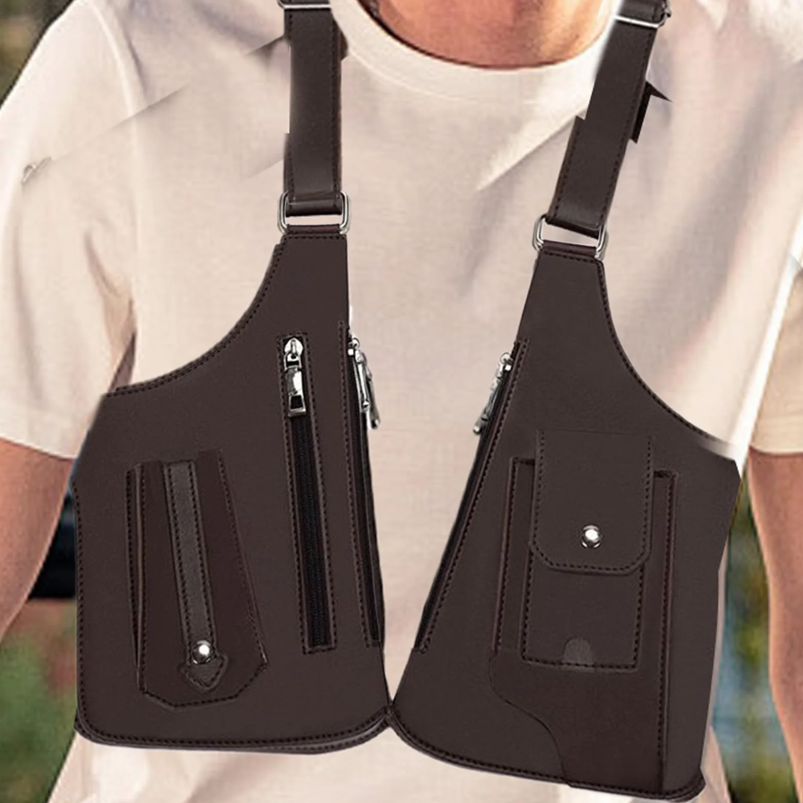 Adjustable Underarm Shoulder Bag - Waterproof Chest Vest Pack for Everyday Carry | Oxford Fabric with Multiple Hidden Pockets, Anti-Theft Double Shoulder Organizer for Travel, 27.5x15.5cm Black Brown
