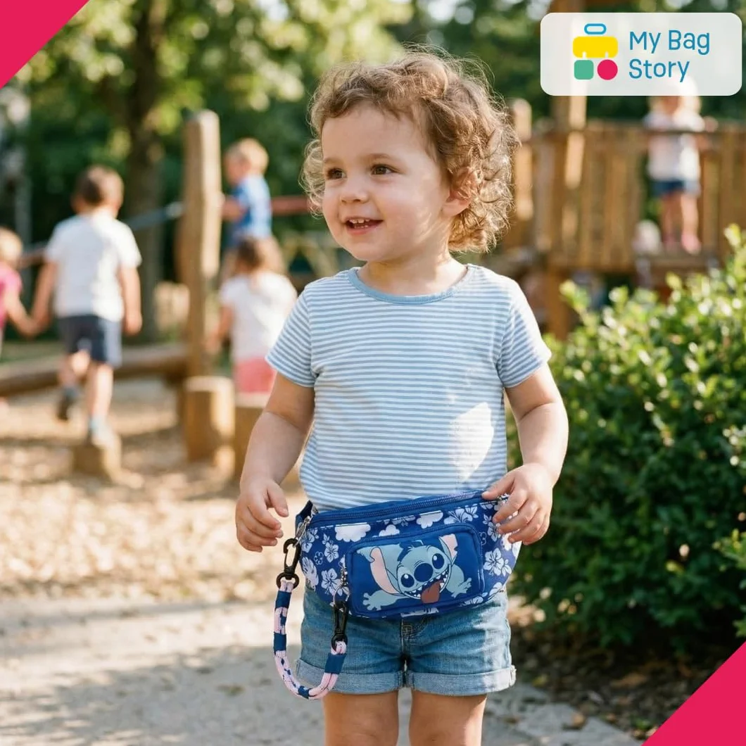mybagstory | Stitch Bananowa torba dla dzieci i nastolatek | Niebieska kieszeń na pasek Disneya | Regulowana torba na ramię dla dziewczynek i chłopców, idealna sportowa torba na podróż do szkoły, 23 x