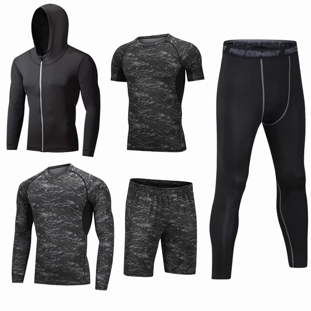 Męski dres treningowy, 5 sztuk, koszulka kompresyjna, odzież sportowa, szybkoschnąca, oddychająca, do biegania, na siłownię, fitness
