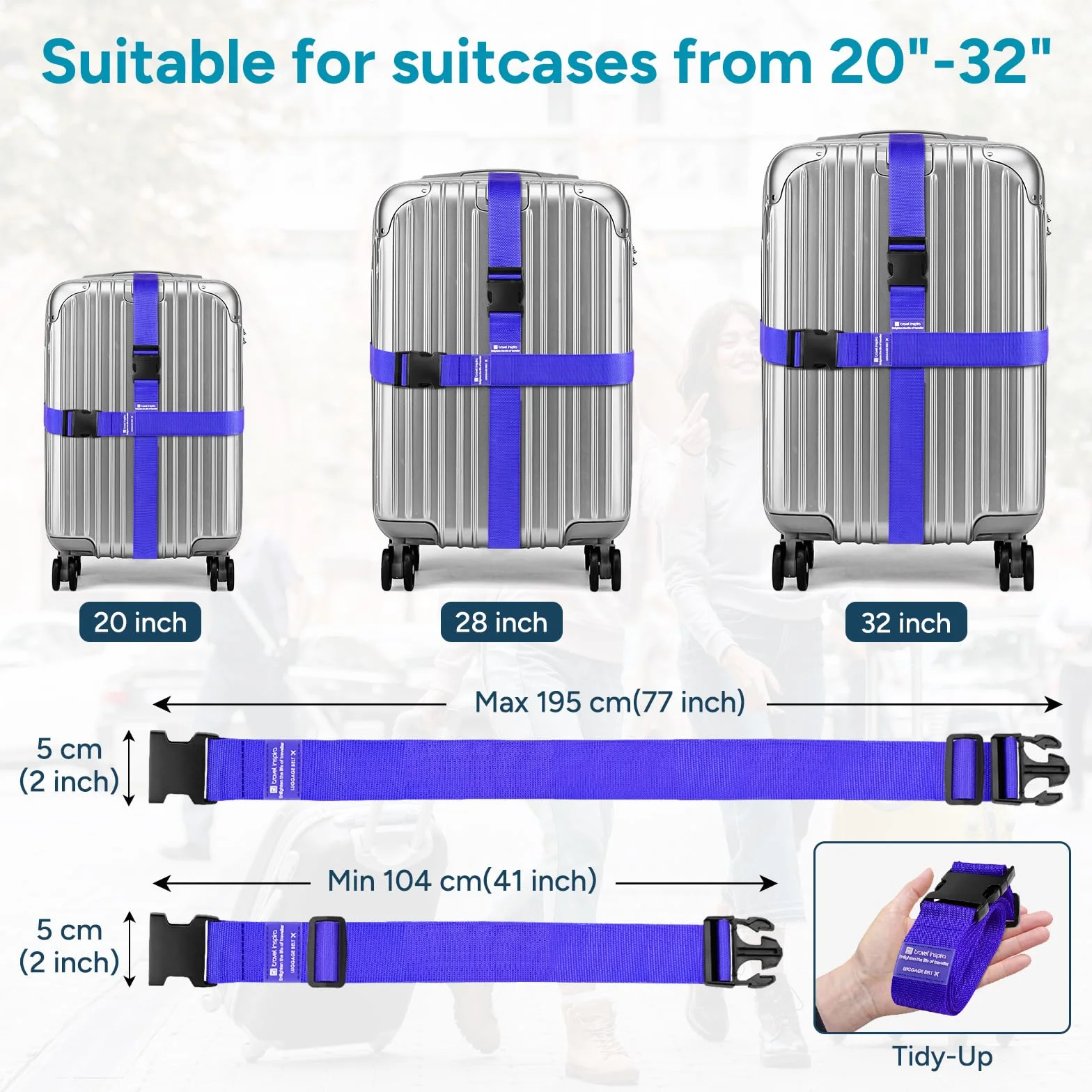 travel inspira paski do walizek, 2 sztuki, 104–195 cm, regulowane paski na walizki, efektowne paski na walizki do identyfikacji – paski na walizki do walizek podróżnych 20"–32" (niebieskie)