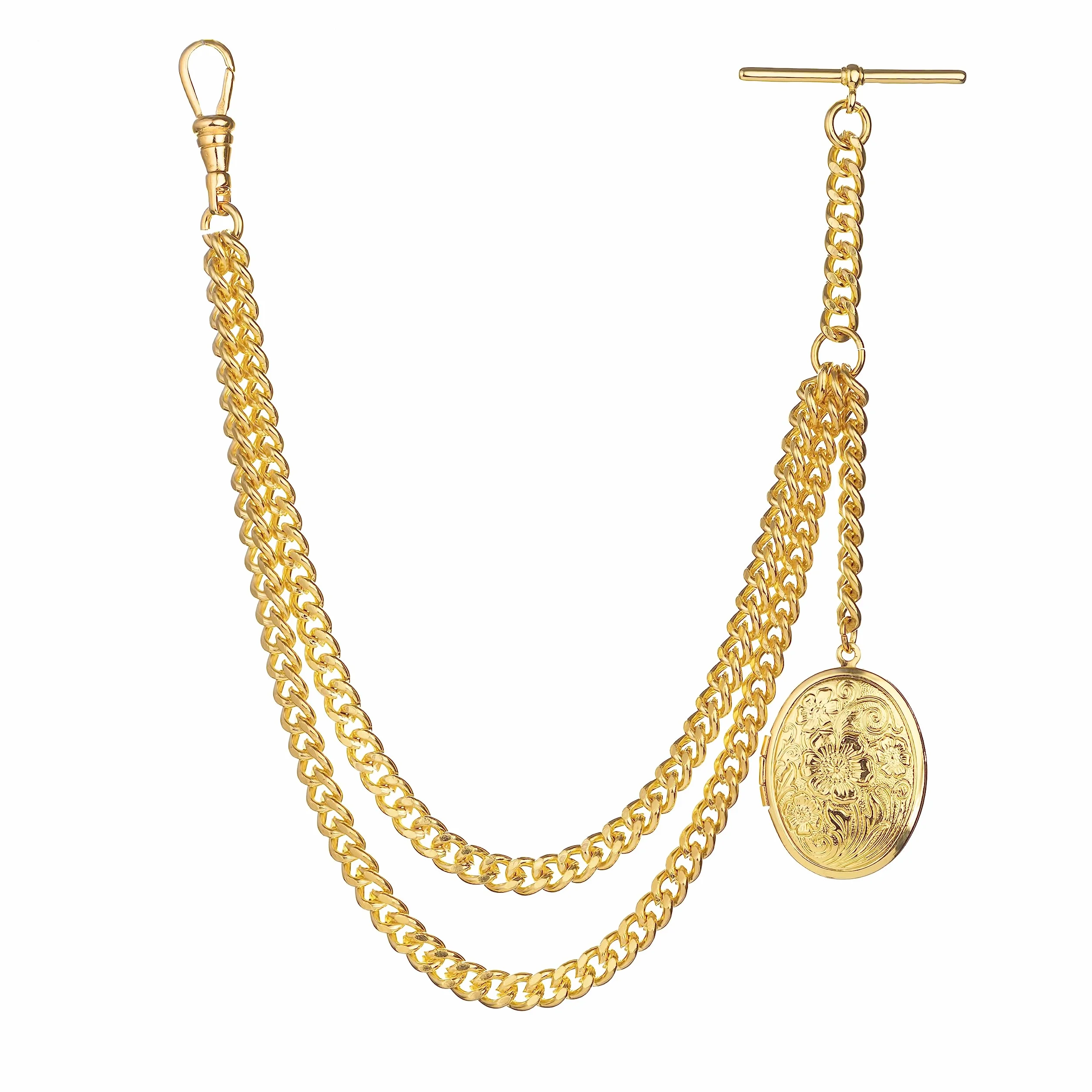 Pocket Watch Chain Złoty łańcuszek do zegarka kieszonkowego z medalionem – styl wiktoriański – podwójny łańcuch typu Albert z zawieszką – 12 cali (30 cm)