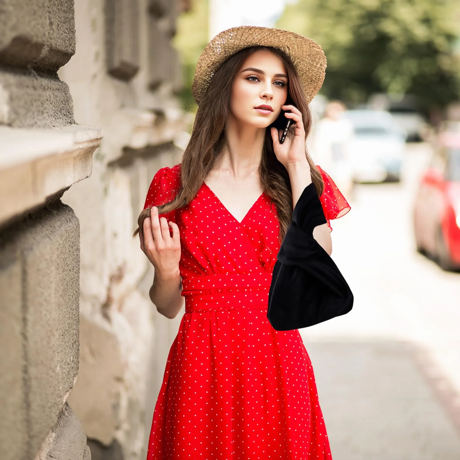 Muka Torba na nadgarstek aksamitna torebka z węzłem w japońskim stylu, torebka wieczorowa dla kobiet, Czarny, Jeden rozmiar, Boho