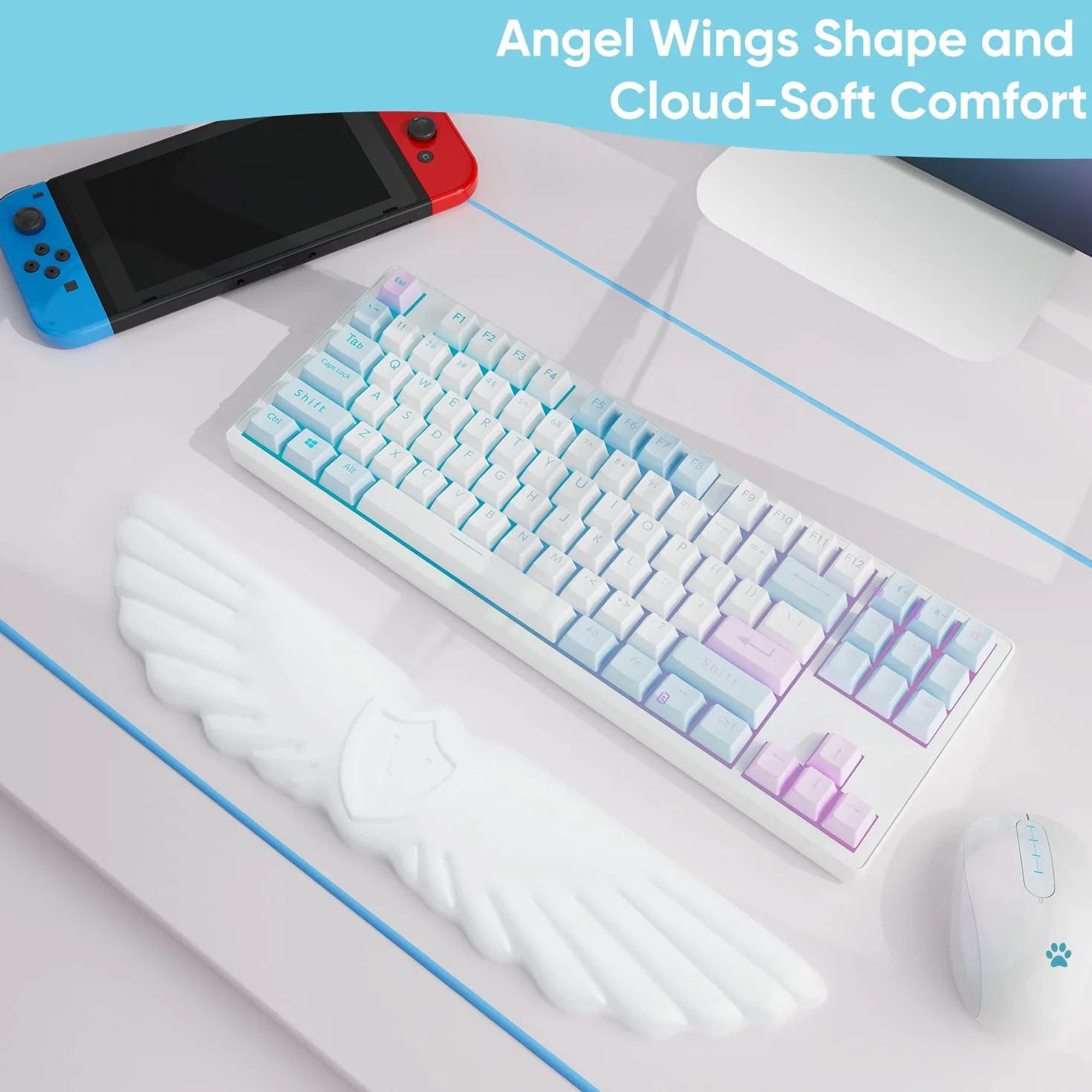 Podkładka Pod Nadgarstek Angel Wing Cloud Keyboard, Miękka Skórzana Pianka Z Pamięcią Kształtu, Ergonomiczna Antypoślizgowa Podkładka Pod Nadgarstek Do Komputera Do Biura (1-Skrzydłowa Biała)