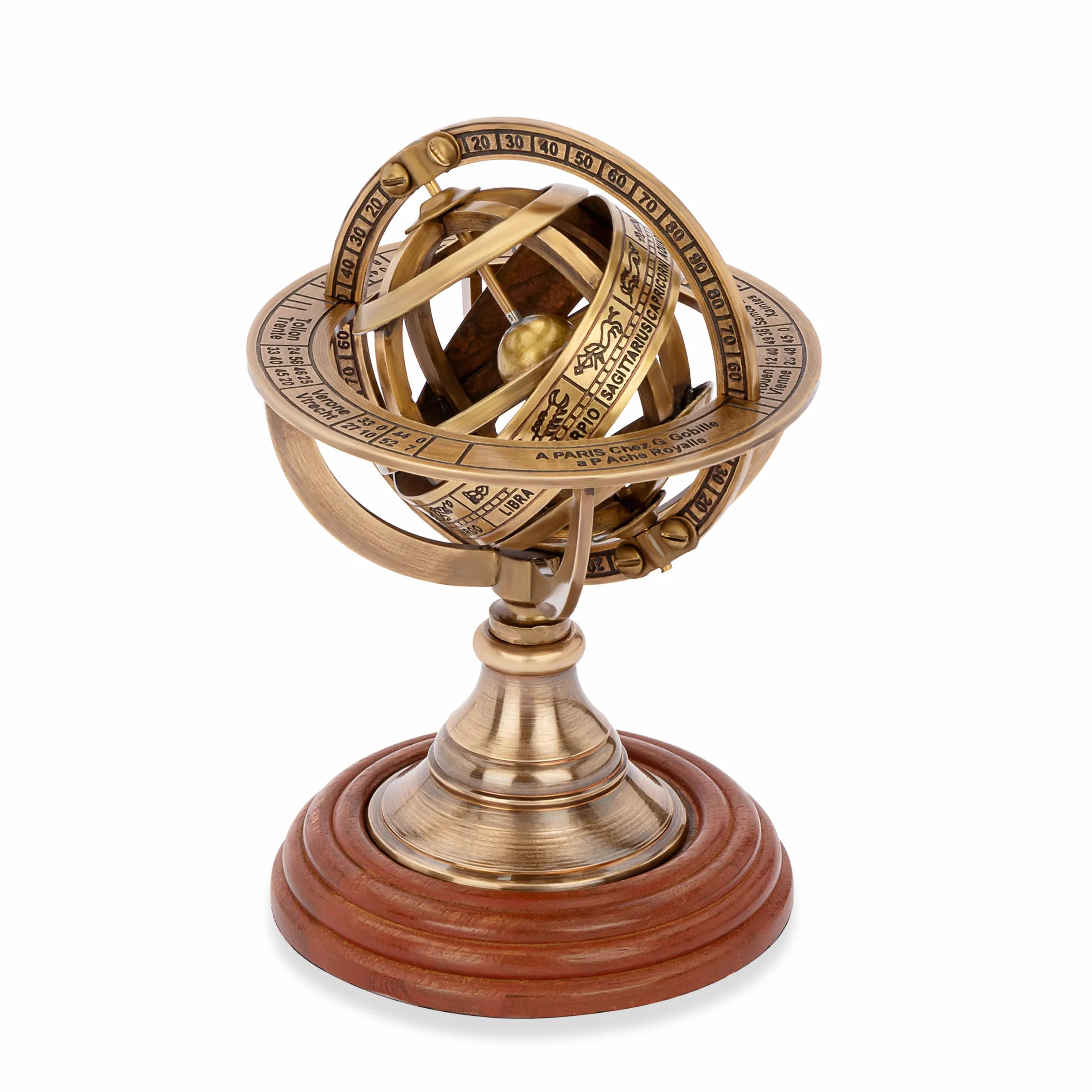 NKlaus Sfera armilarna mosiądz antyczny na drewnianej podstawie 14 x 8 cm astronomiczny globus armilarny 14638