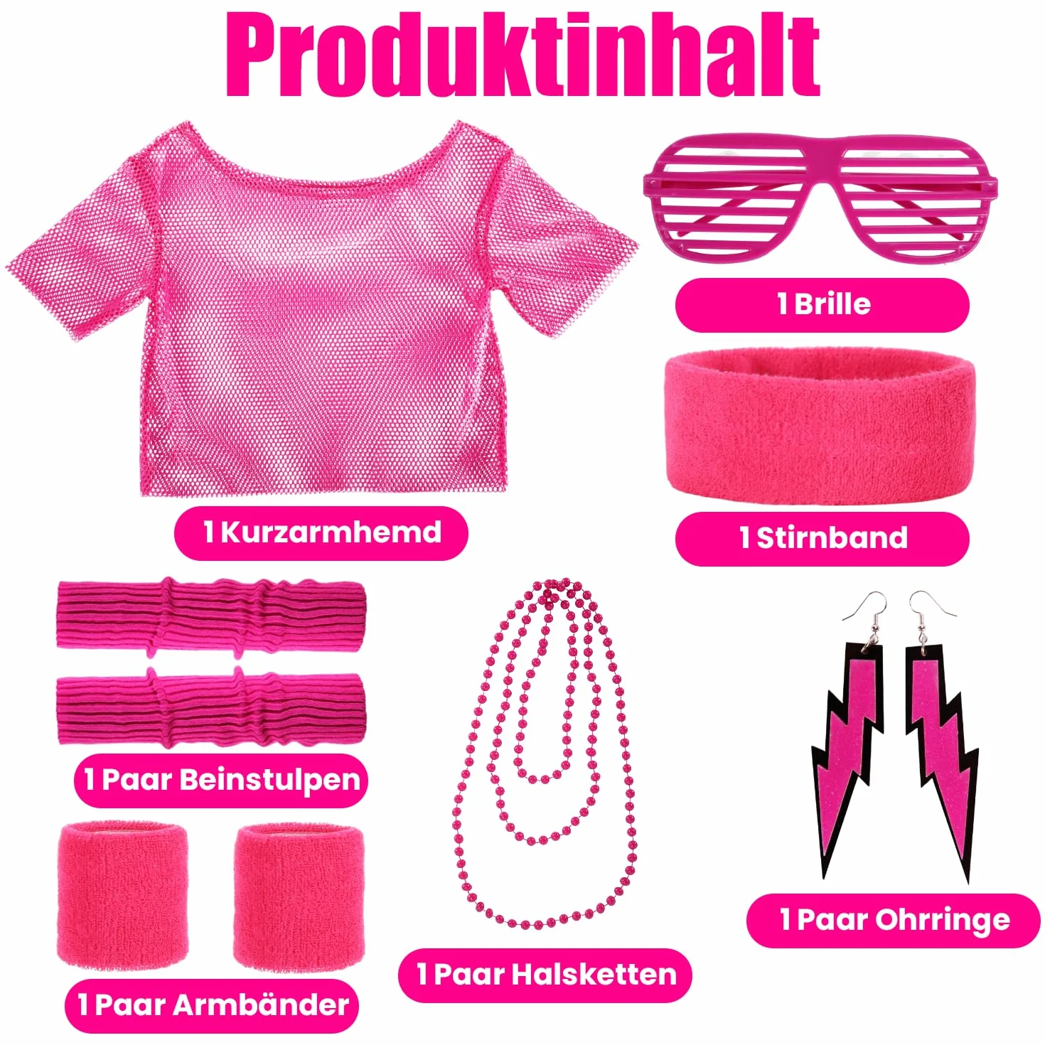 Onperpoe Damski strój w stylu lat 80., 90., zestaw akcesoriów do kostiumu, neonowa koszulka z siatki, kolczyki, naszyjniki, ocieplacze na nogi, bransoletki, okulary, opaska na czoło, akcesoria dla