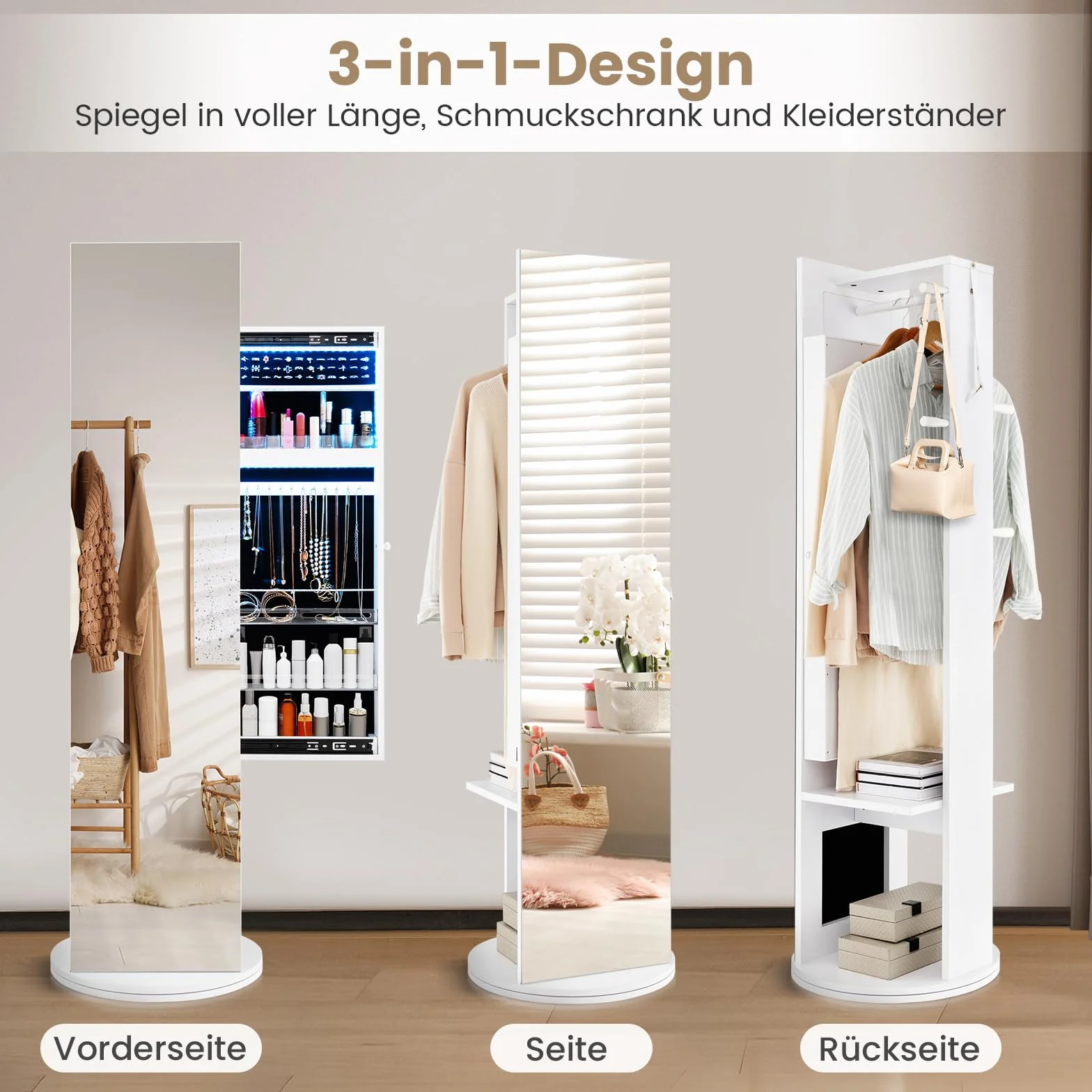 COSTWAY szafka na biżuterię z lustrem, wolnostojąca szafka z lustrem, obrotowa w 360° z diodami LED, organizer na biżuterię i kosmetyki