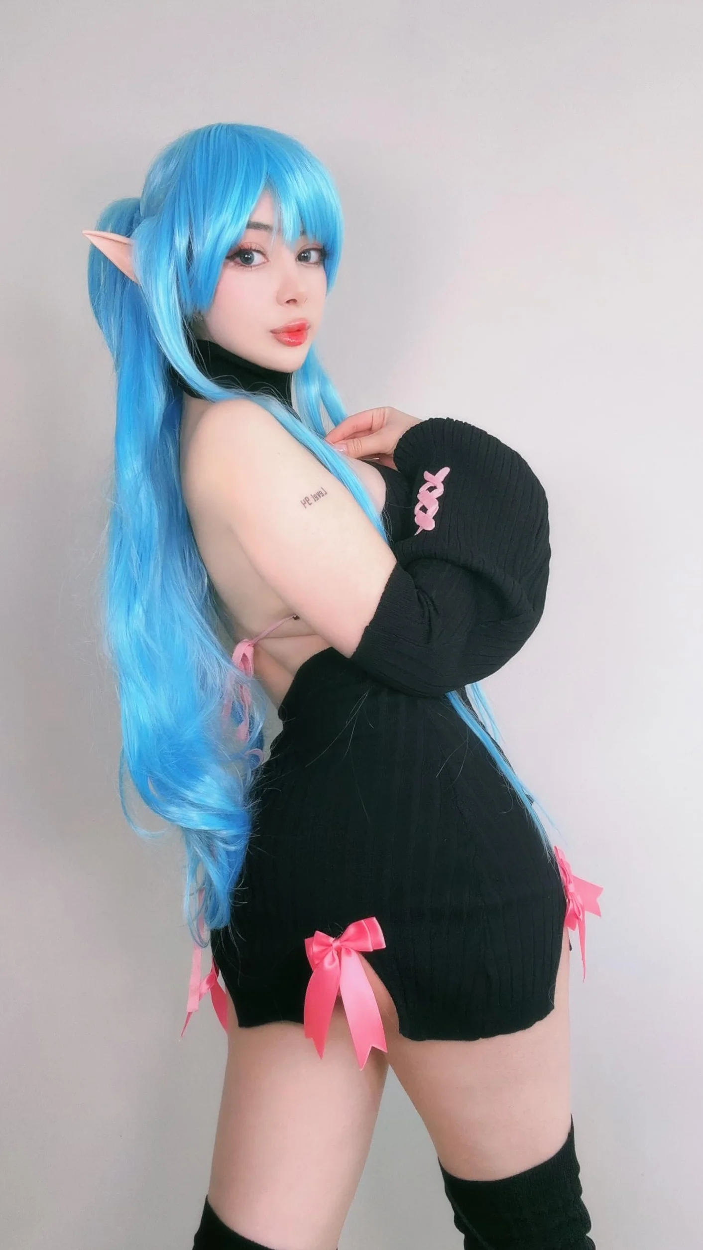 KORURACLUB Sweter z kokardą kostium (zestaw 3-częściowy) Premium pulower Cosplay Dessous sweter kokardkowy sukub bielizna