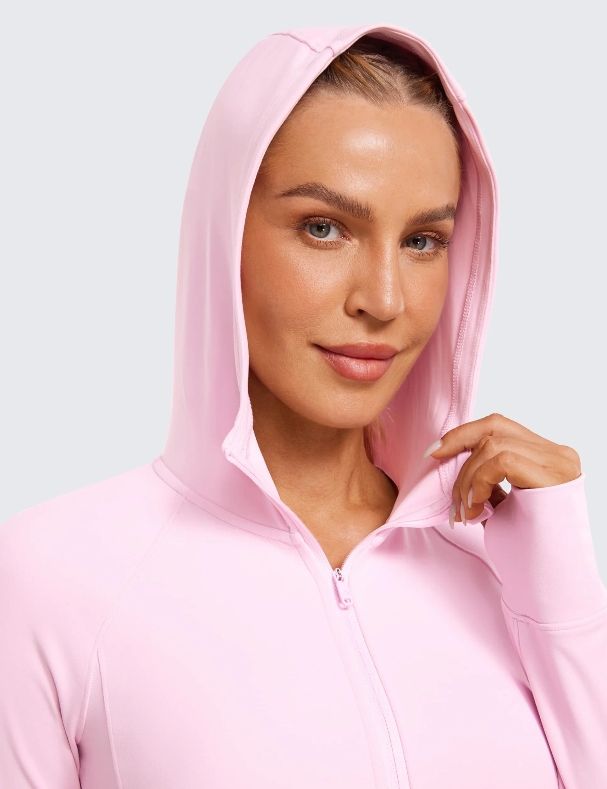 CRZ YOGA Damska bluza z kapturem Butterluxe do ćwiczeń, zapinana na zamek, dopasowana, lekka, z kapturem i otworami na kciuki