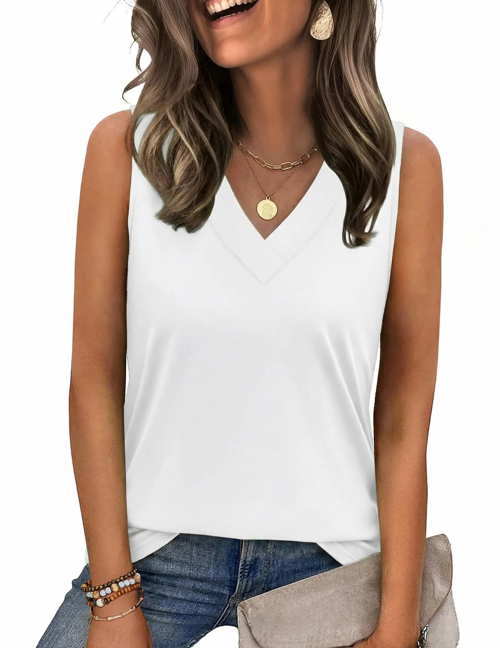Zeagoo Top damski na lato, dekolt w serek, bez rękawów, na co dzień, elegancka bluzka basic, S-2XL