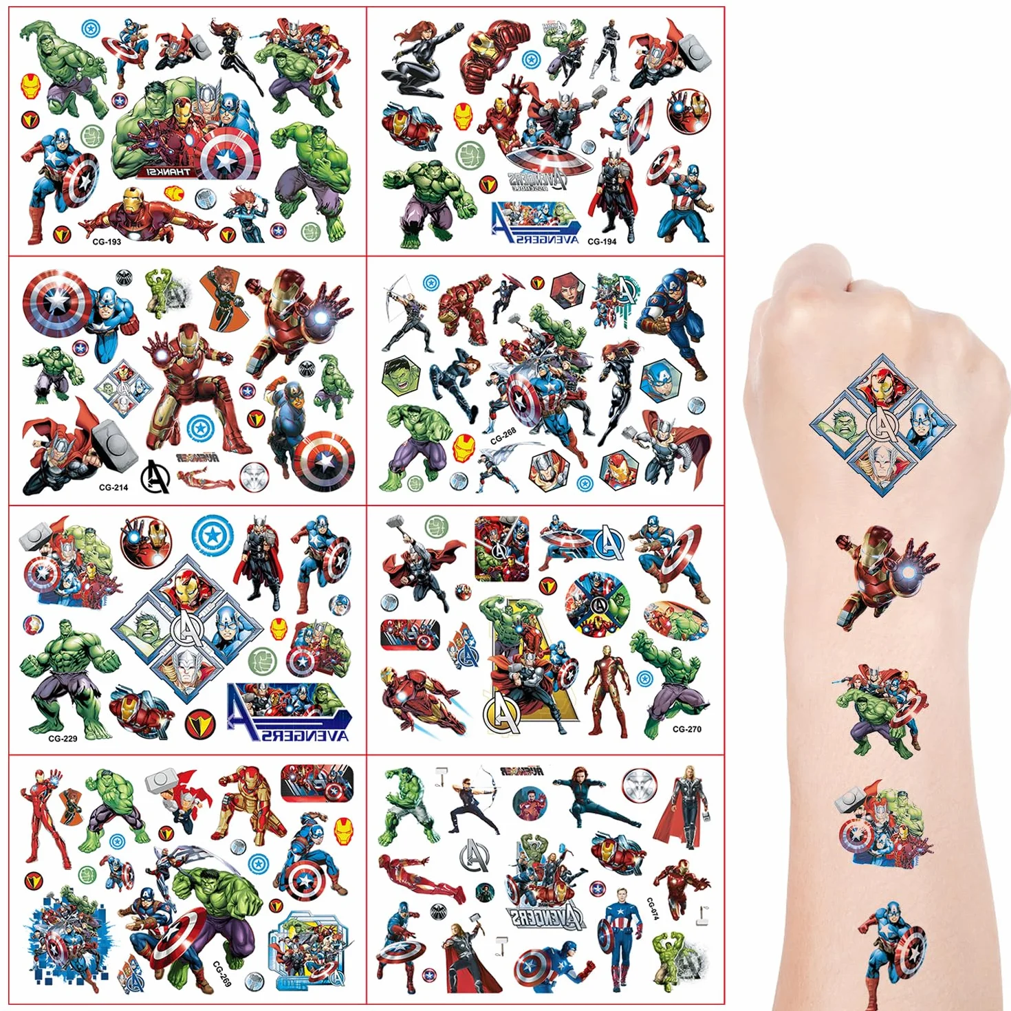 Tatuaż dla dzieci Superbohaterowie Spiderman Marvel Tattoo, 8 arkuszy superbohaterów, zestaw tymczasowych tatuaży Supermana, wodoodporne, na prezenty urodzinowe dla dzieci urodziny dziecka, upominek