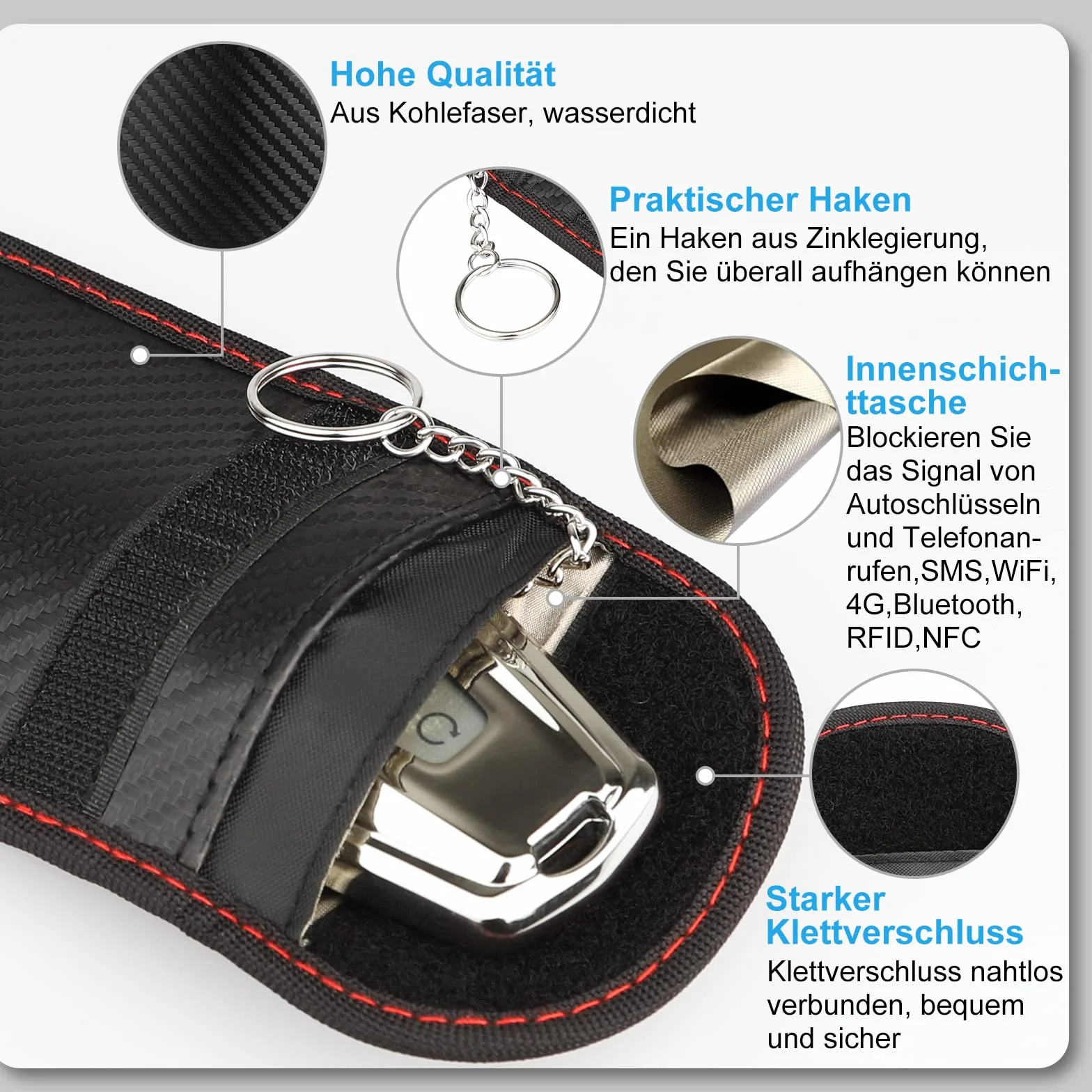 Keyless Go etui Ochronne na Kluczyki Samochodowe, 2 Sztuki, Faraday Bag RFID, etui na Klucze Radiowe, Antykradzieżowe, Etui na Klucze Samochodowe, 15 x 9 cm