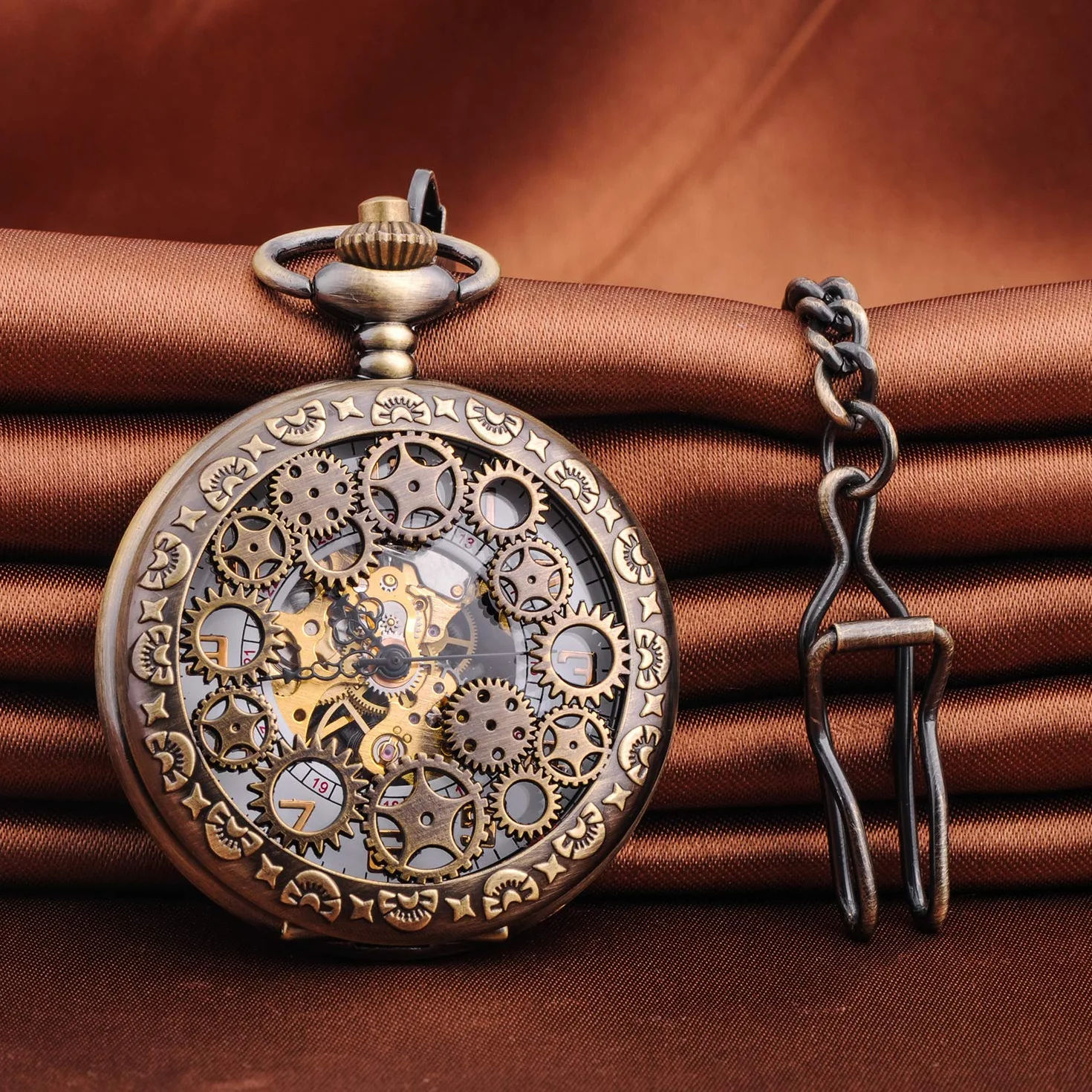 Unendlich U Męski zegarek kieszonkowy z cyframi rzymskimi z łańcuszkiem, analogowy, ręcznie nawijany, uniseks, retro, steampunk, brązowy, retro, Brązowy, vintage lub steampunk
