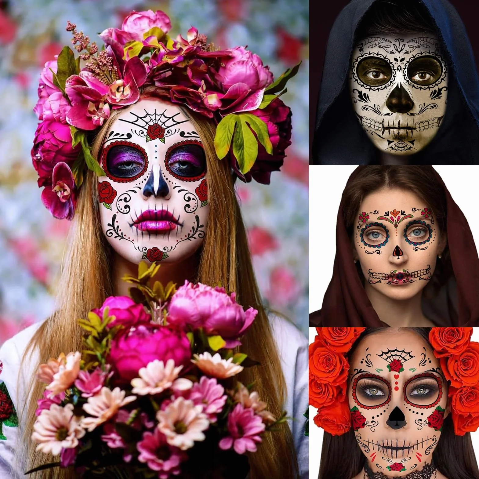Tatuaż na Halloween, 10 arkuszy tymczasowych tatuaży z czaszką, tatuaże na Dzień Zmarłych czaszek, kwiatowy szkielet, pajęczyna, czerwone róże, na Halloween, maskaradę, imprezę Cosplay